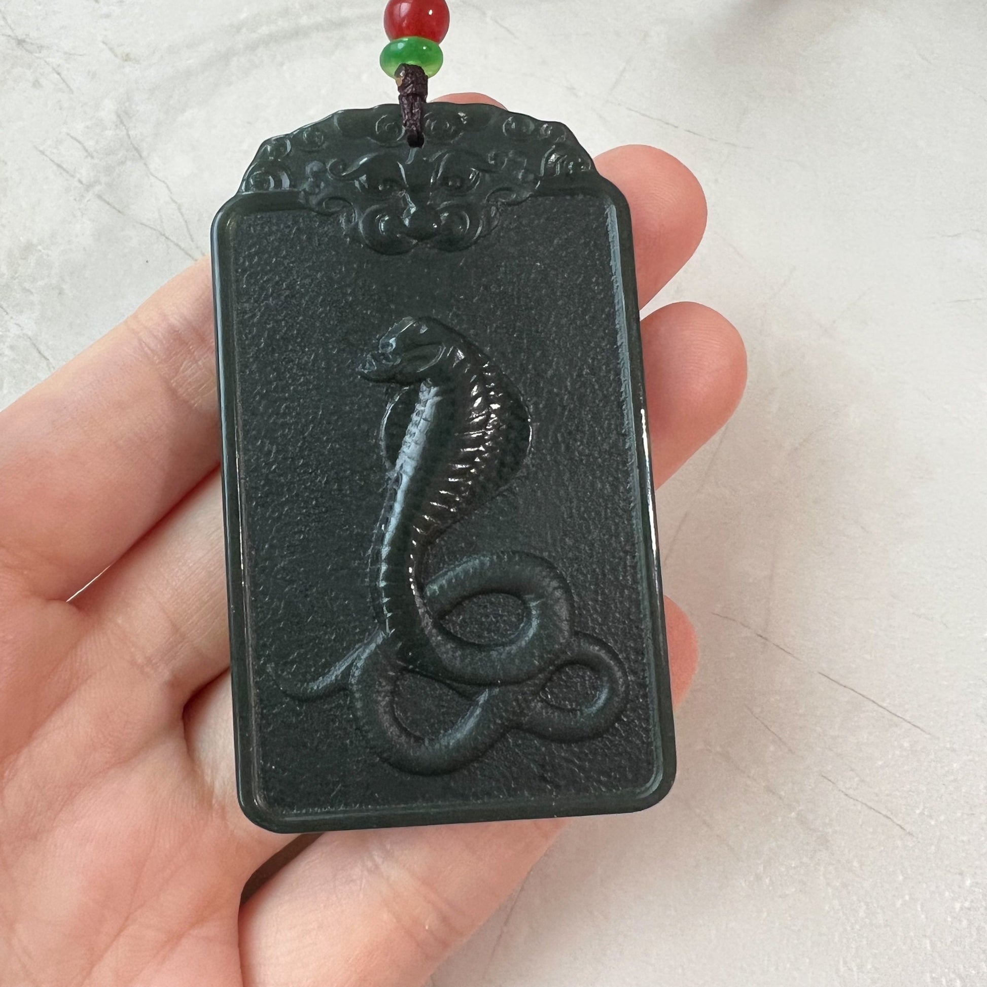 Dark Green Nephrite Jade Samantabhadra Buddha bodhisattva with elephant, Pu Xian, Phổ Hiền Bồ Tát, Snake Pendant Necklace,RM-1221-1649702412 - AriaDesignCollection