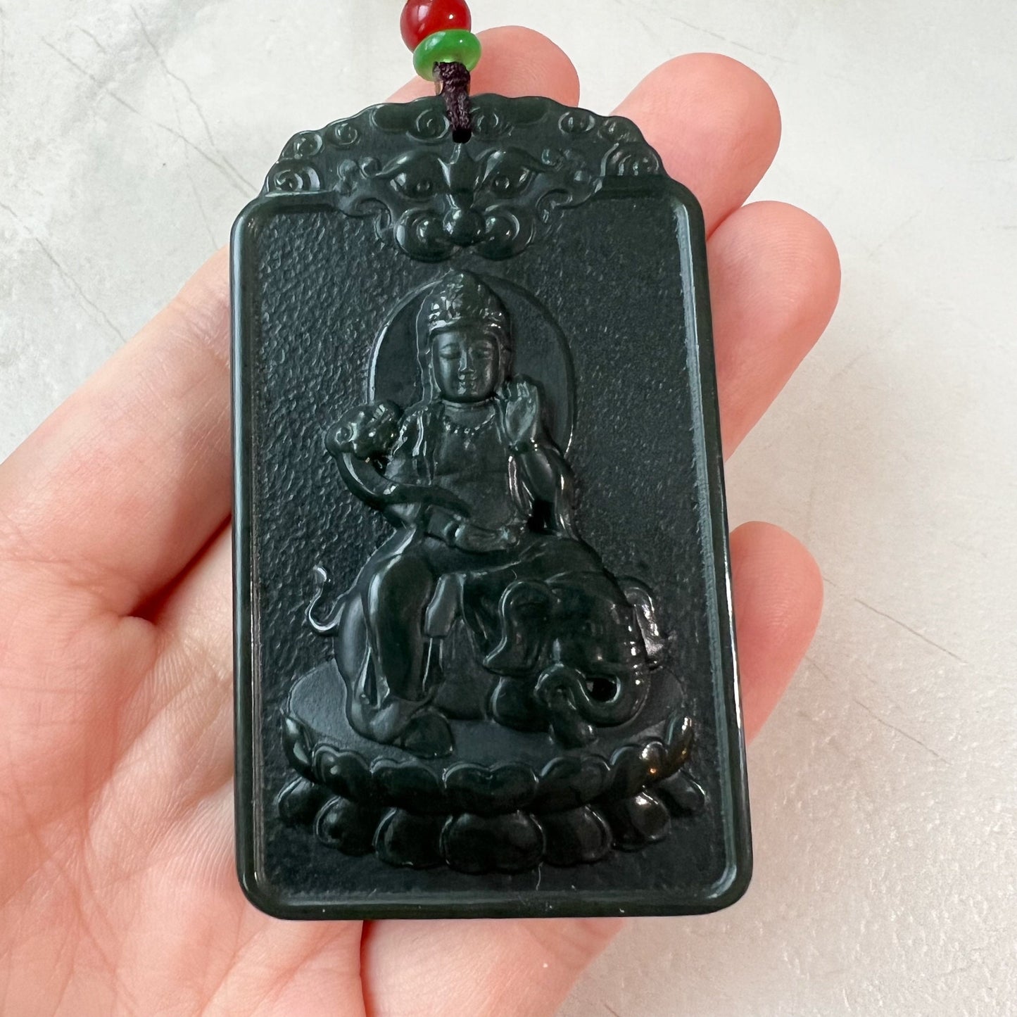 Dark Green Nephrite Jade Samantabhadra Buddha bodhisattva with elephant, Pu Xian, Phổ Hiền Bồ Tát, Snake Pendant Necklace,RM-1221-1649702412 - AriaDesignCollection