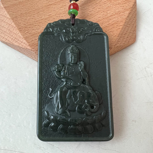 Dark Green Nephrite Jade Samantabhadra Buddha bodhisattva with elephant, Pu Xian, Phổ Hiền Bồ Tát, Snake Pendant Necklace,RM-1221-1649702412 - AriaDesignCollection