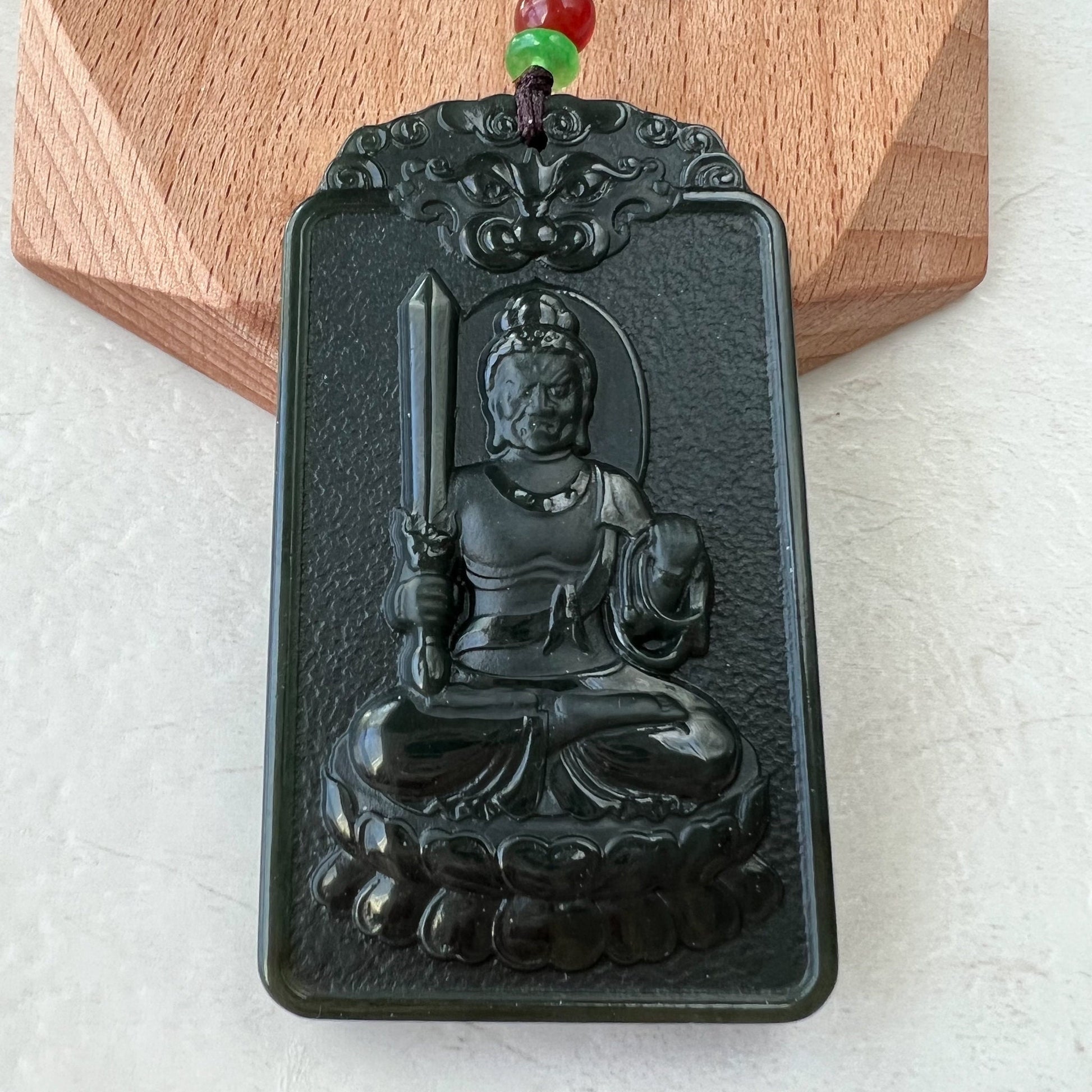Nephrite Jade Acala Acalanātha Buddha Bu Dong Ming Wang, Bất Động Minh Vuong, Rooster Carved Pendant Necklace, RM-1221-1649711581 - AriaDesignCollection