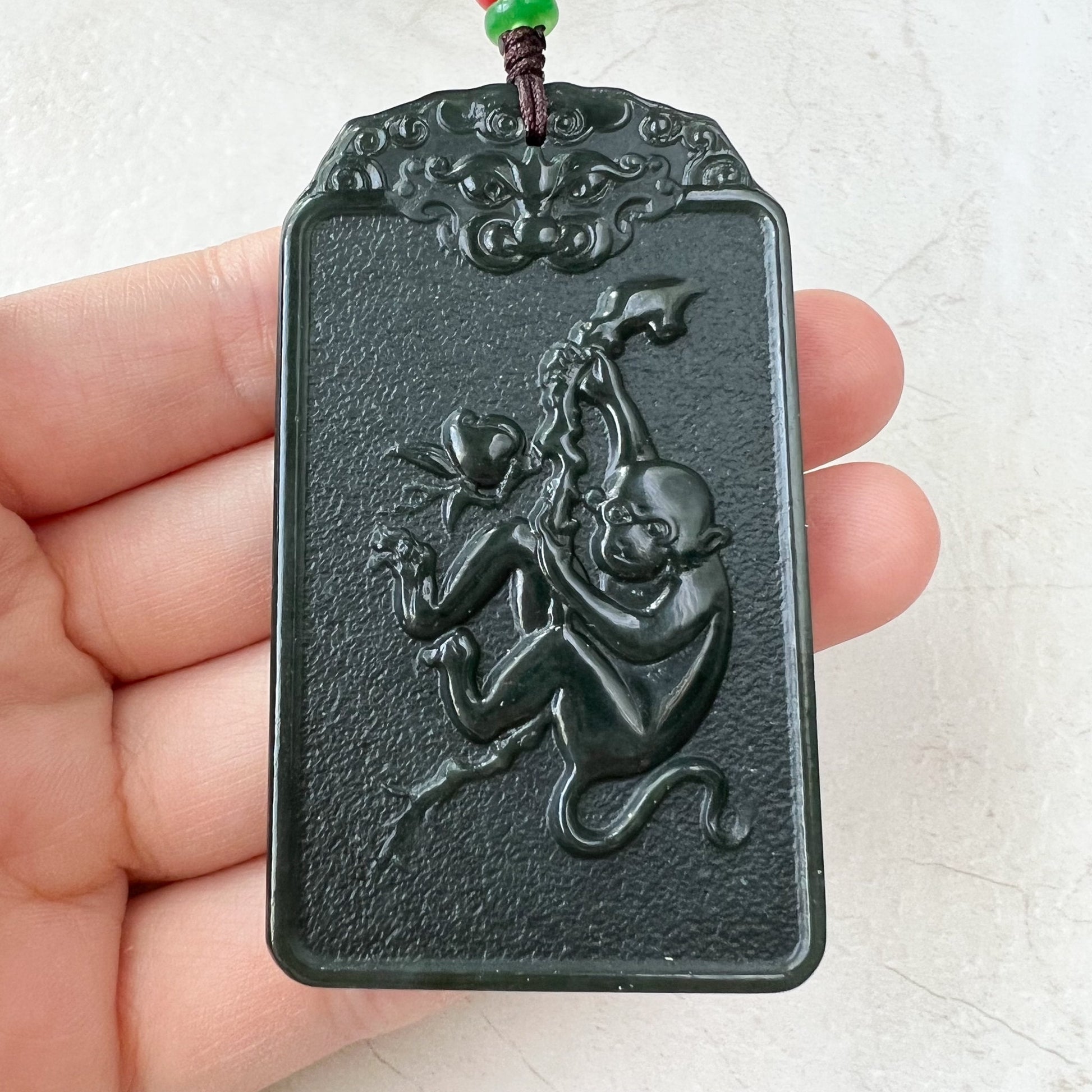 Nephrite Jade Vairocana Buddha, Da Ri Ru Lai, Đại Nhật Như La, Dark Green Carved Jade Monkey Buddha Pendant Necklace, RM-1221-1649778220 - AriaDesignCollection