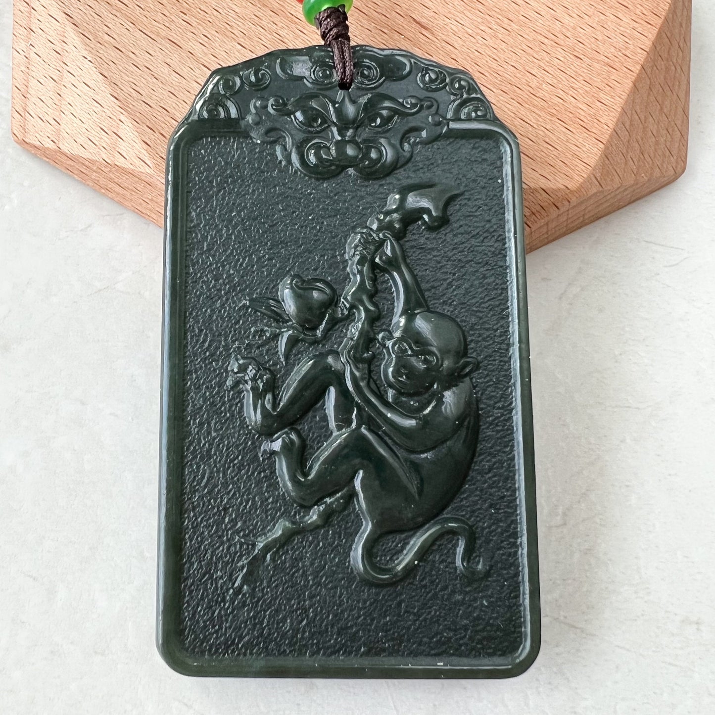 Nephrite Jade Vairocana Buddha, Da Ri Ru Lai, Đại Nhật Như La, Dark Green Carved Jade Monkey Buddha Pendant Necklace, RM-1221-1649778220 - AriaDesignCollection