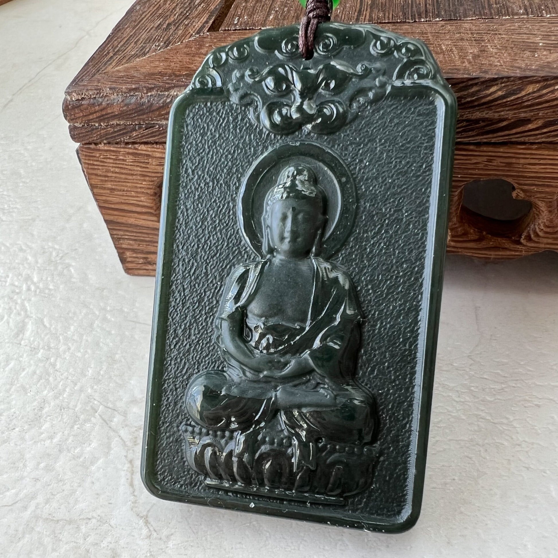 Nephrite Jade Vairocana Buddha, Da Ri Ru Lai, Đại Nhật Như La, Dark Green Carved Jade Monkey Buddha Pendant Necklace, RM-1221-1649778220 - AriaDesignCollection