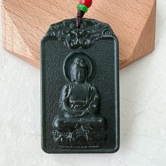 Nephrite Jade Vairocana Buddha, Da Ri Ru Lai, Đại Nhật Như La, Dark Green Carved Jade Monkey Buddha Pendant Necklace, RM-1221-1649778220 - AriaDesignCollection