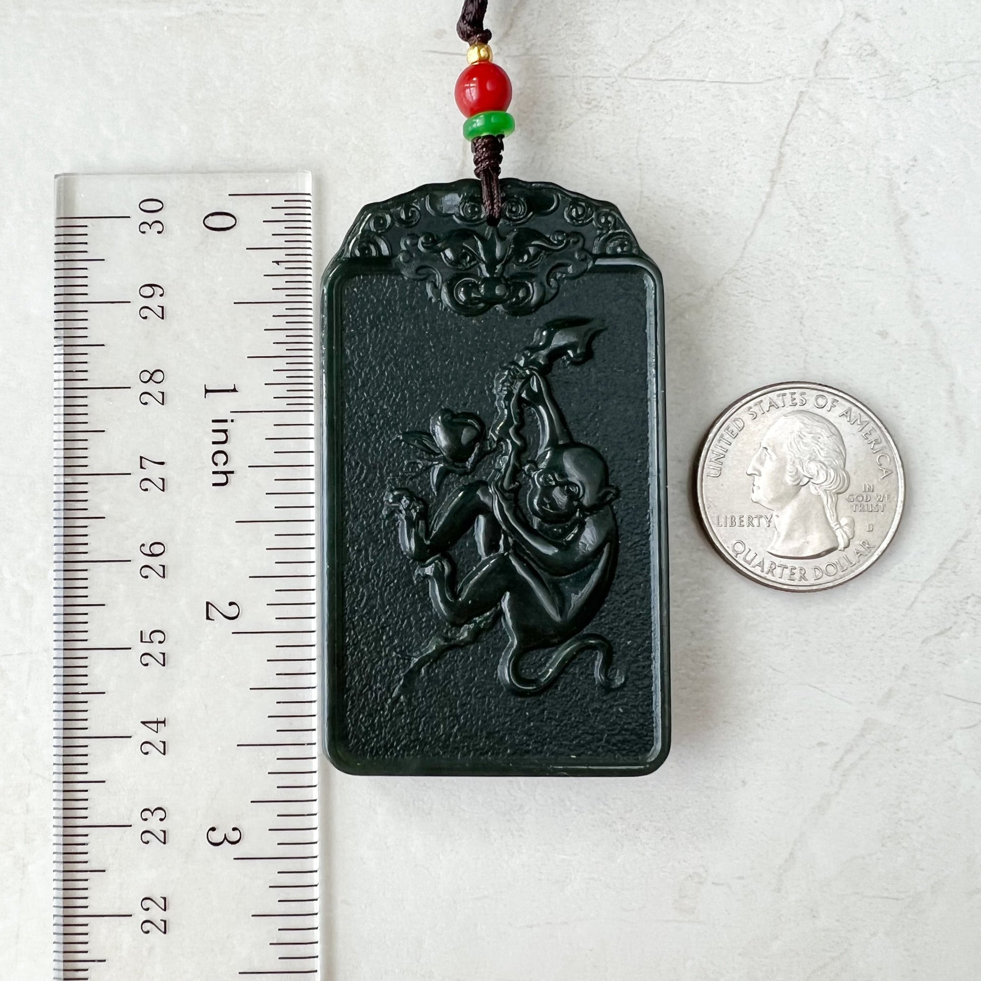 Nephrite Jade Vairocana Buddha, Da Ri Ru Lai, Đại Nhật Như La, Dark Green Carved Jade Monkey Buddha Pendant Necklace, RM-1221-1649778220 - AriaDesignCollection