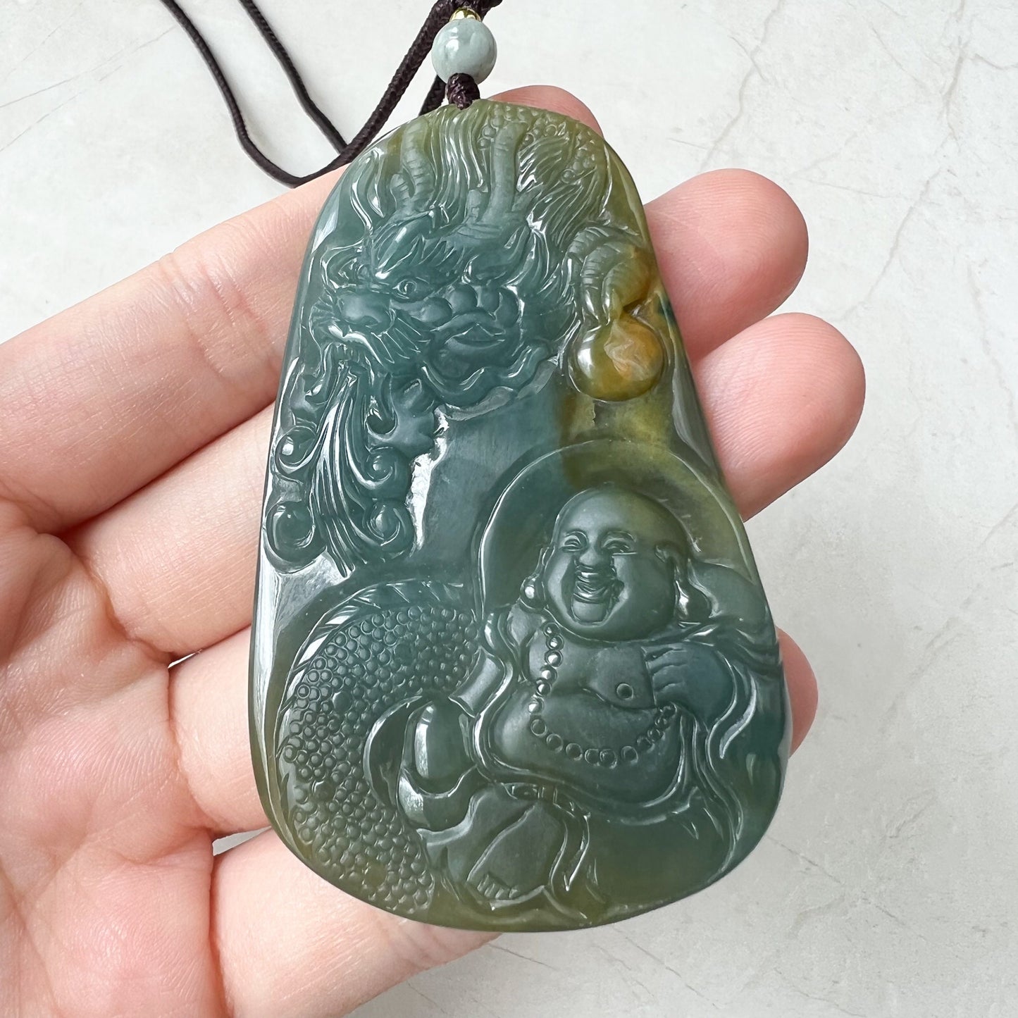 Large Happy Laughing Buddha and Dragon, Budai, Green Blue Jadeite Jade Happy Buddha Carved Jadeite Pendant, ZYF-0322-1651675781 - AriaDesignCollection