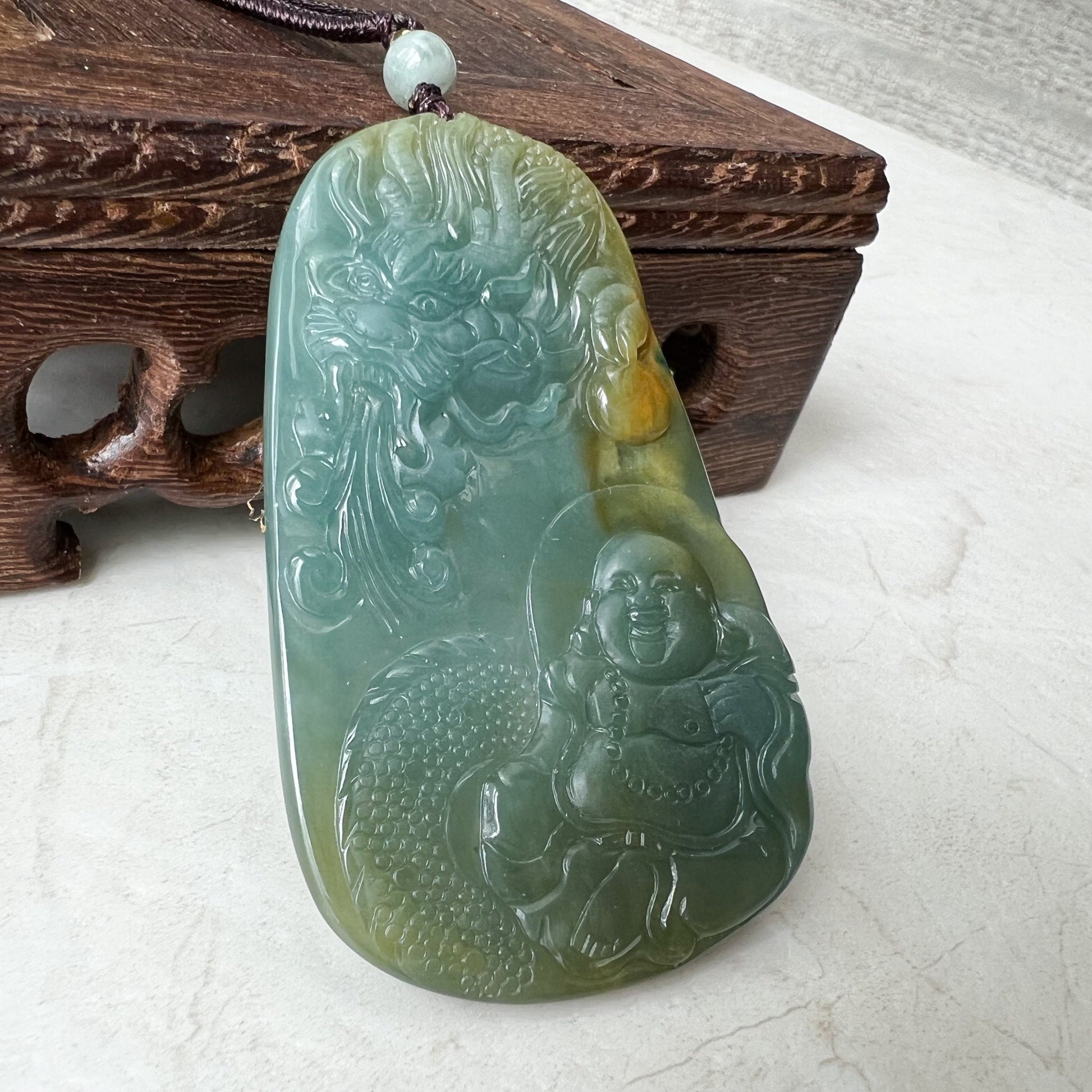 Large Happy Laughing Buddha and Dragon, Budai, Green Blue Jadeite Jade Happy Buddha Carved Jadeite Pendant, ZYF-0322-1651675781 - AriaDesignCollection