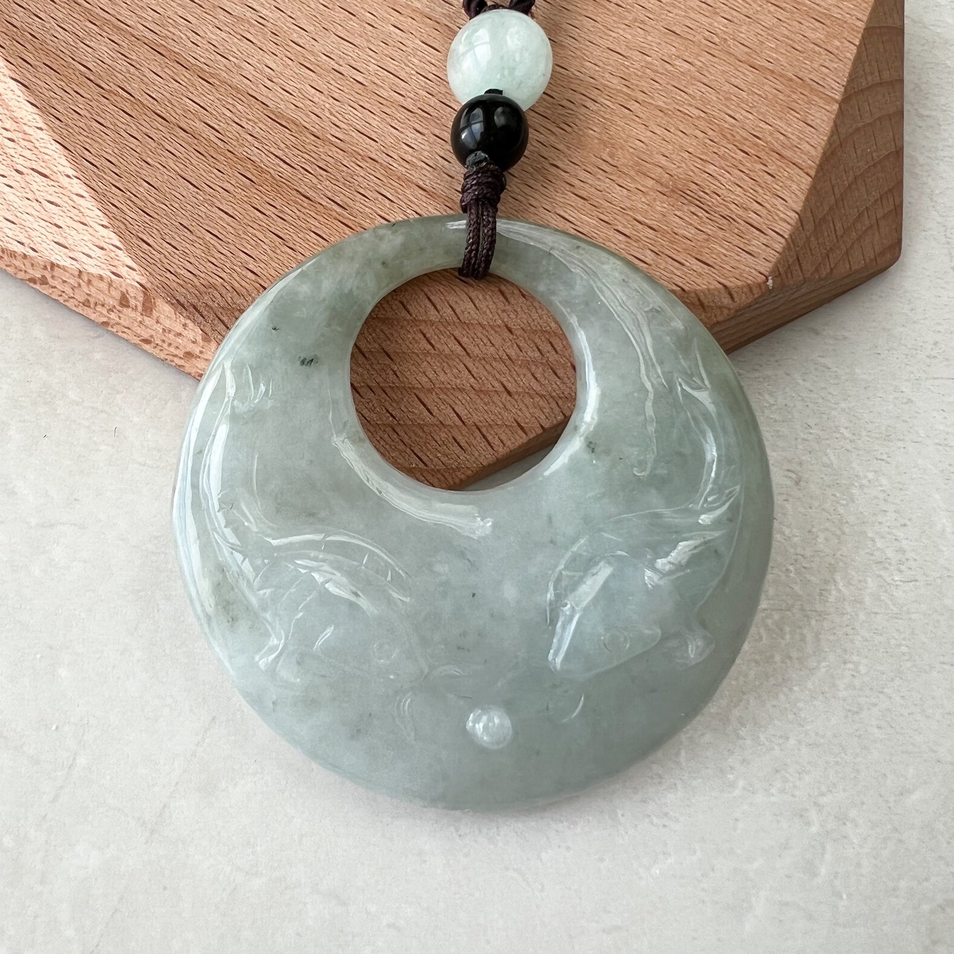 Jadeite Jade Twin Fish, Pisces Zodiac Horoscope Necklace, Hand Carved Pendant Necklace, YJ-1221-0315209-2 - AriaDesignCollection