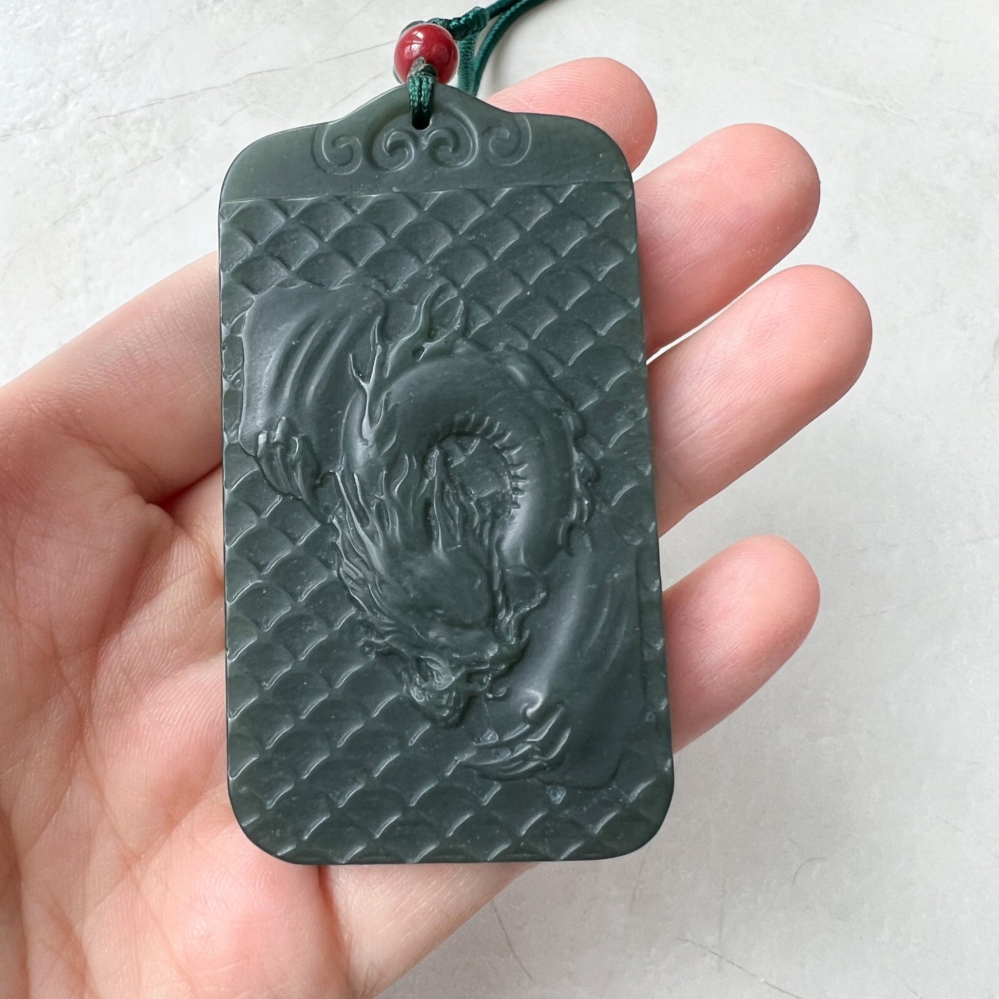 Dark Green, Nephrite Jade Dragon Zodiac Hand Carved Necklace, RLXE-1221-0076837 - AriaDesignCollection