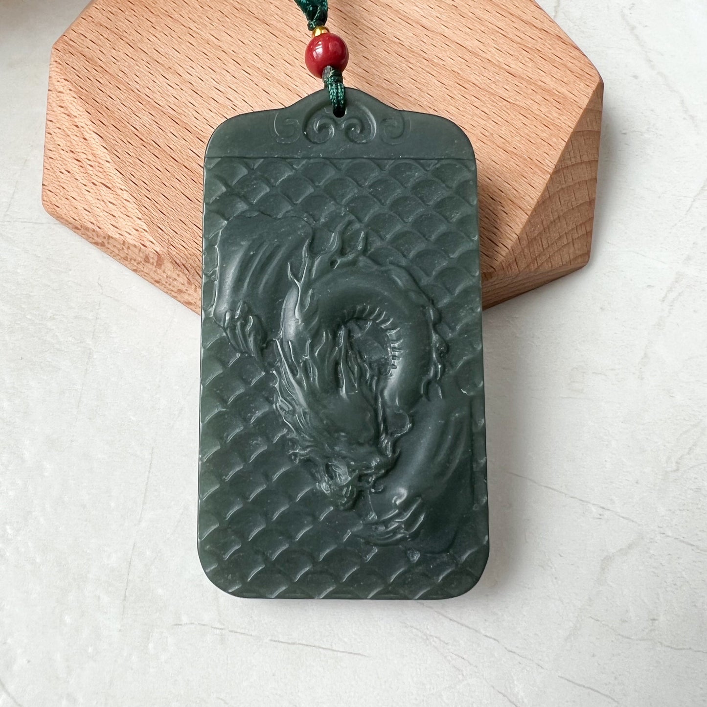 Dark Green, Nephrite Jade Dragon Zodiac Hand Carved Necklace, RLXE-1221-0076837 - AriaDesignCollection