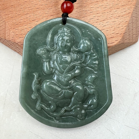 Green Jadeite Jade Guan Yin Avalokiteshvara Carved Pendant Necklace, YJ-1221-0354840 - AriaDesignCollection