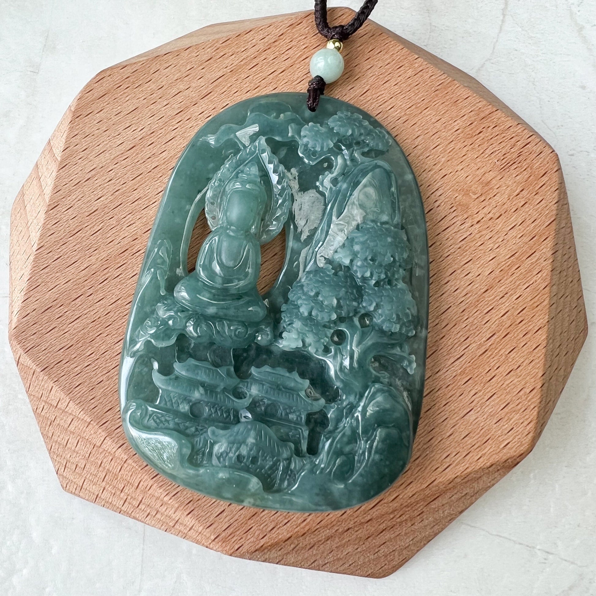 Green Faceless Guan Yin Meditating, Jadeite Jade Avalokiteshvara Hand Carved Pendant Necklace, Quan Am, ZYF-0322-1651918879 - AriaDesignCollection