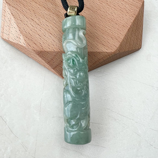 Green Jadeite Jade Dragon Pillar Column Chinese Zodiac Hand Carved Pendant Necklace, YJ-0322-0334725 - AriaDesignCollection