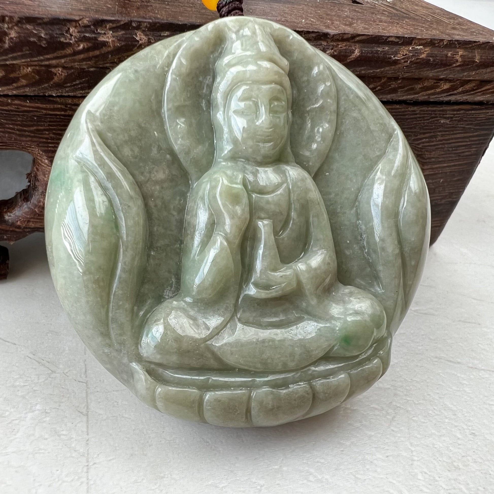 Green Yellow Jadeite Jade Standing Guan Yin Avalokiteshvara Carved Pendant Necklace, YJ-1221-0168146 - AriaDesignCollection