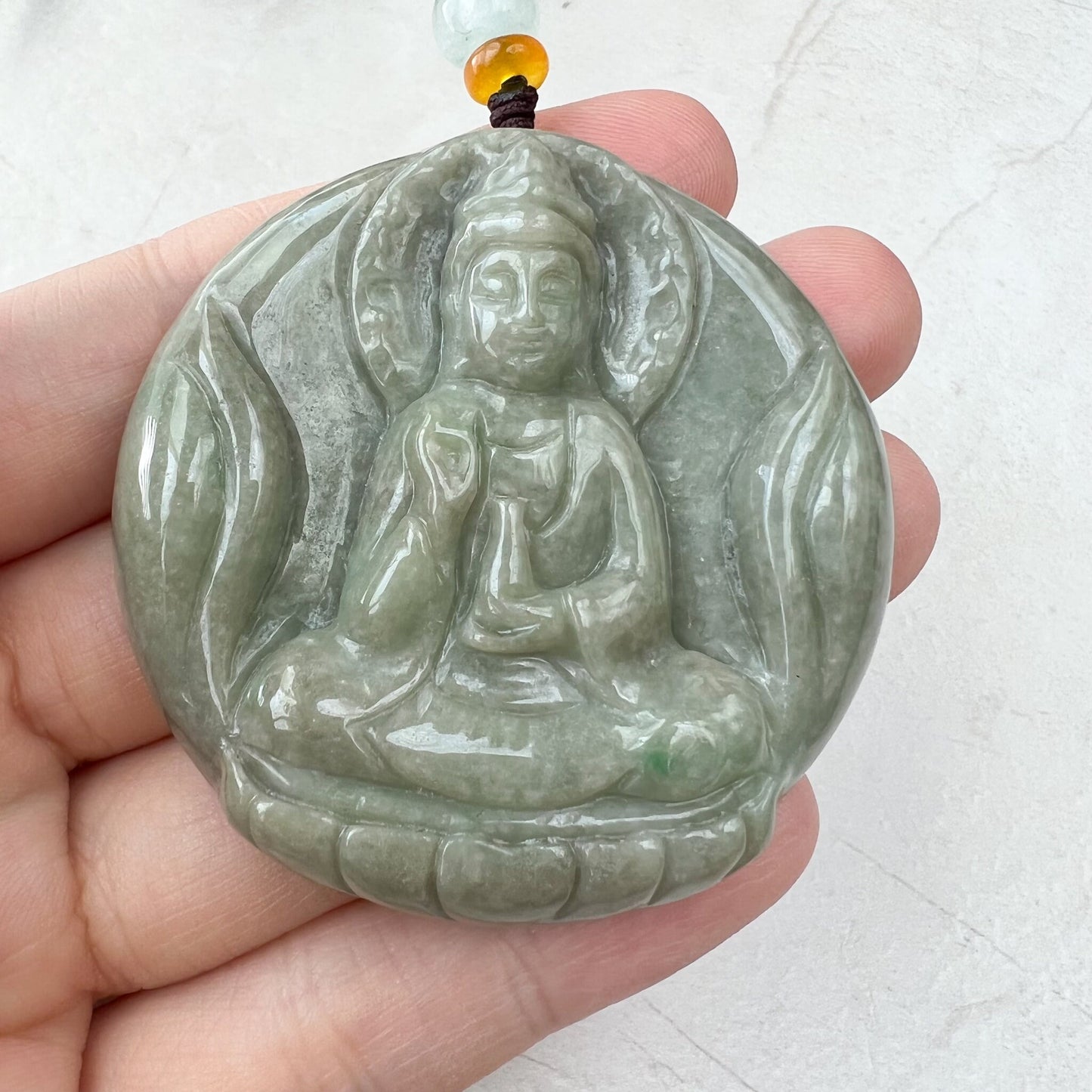 Green Yellow Jadeite Jade Standing Guan Yin Avalokiteshvara Carved Pendant Necklace, YJ-1221-0168146 - AriaDesignCollection