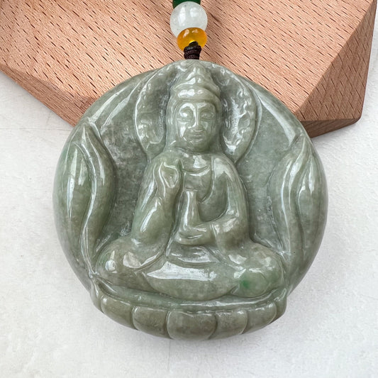 Green Yellow Jadeite Jade Standing Guan Yin Avalokiteshvara Carved Pendant Necklace, YJ-1221-0168146 - AriaDesignCollection