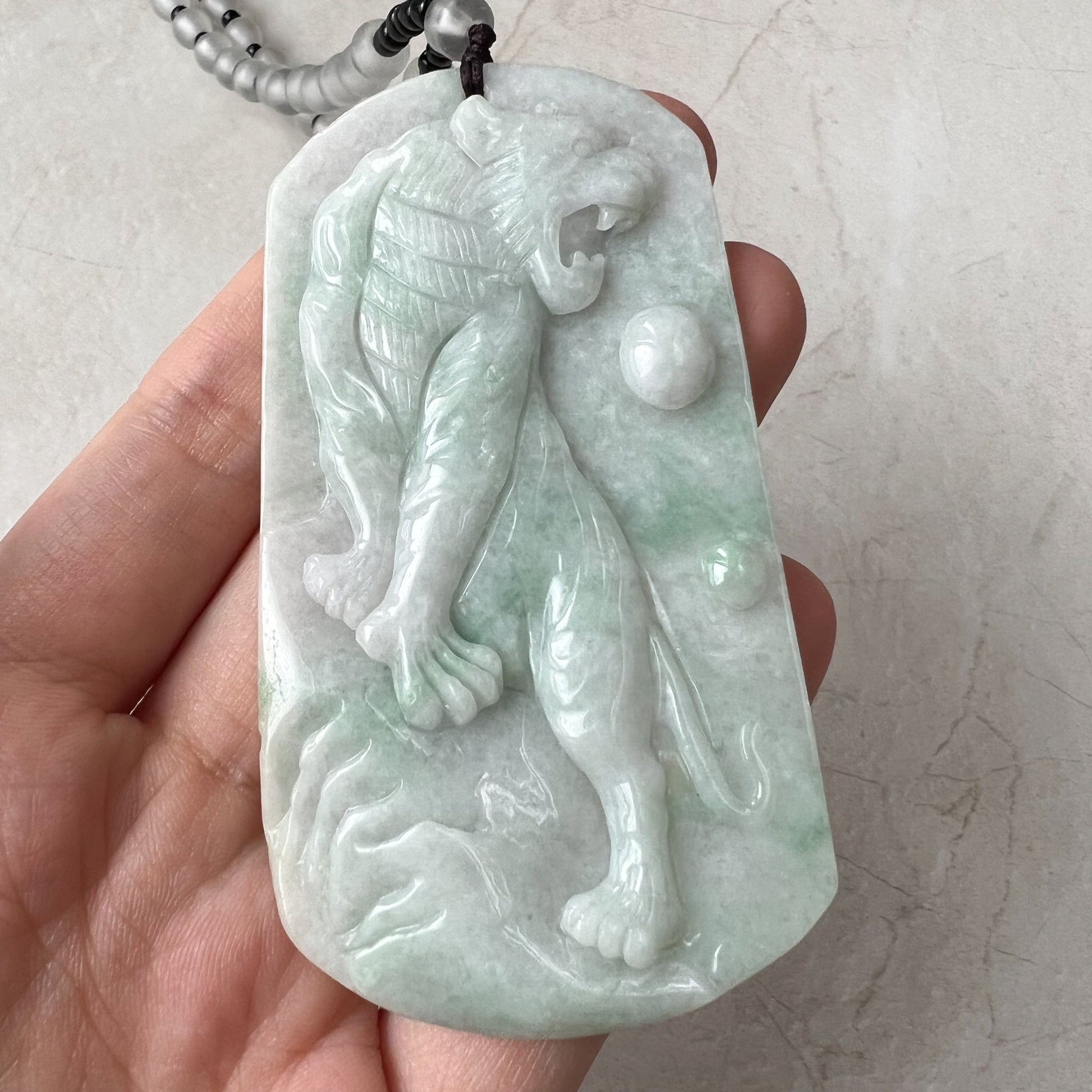 Large Jadeite Jade Tiger, Green White Jade, Chinese Zodiac Carved Pendant Necklace, YJ-1221-0235533 - AriaDesignCollection