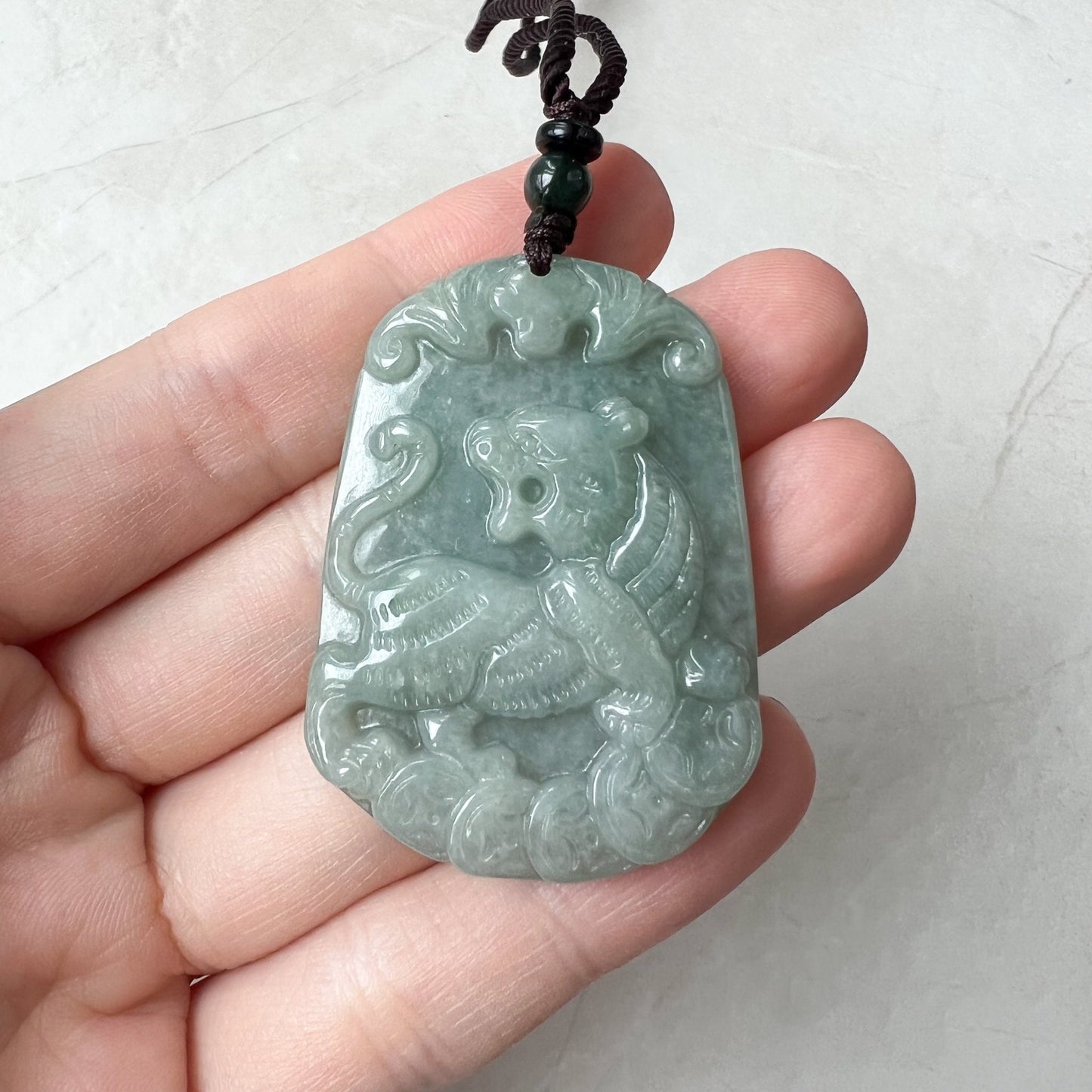 Jadeite Jade Tiger, Green Jade, Chinese Zodiac Carved Pendant Necklace, YJ-0322-0336542 - AriaDesignCollection