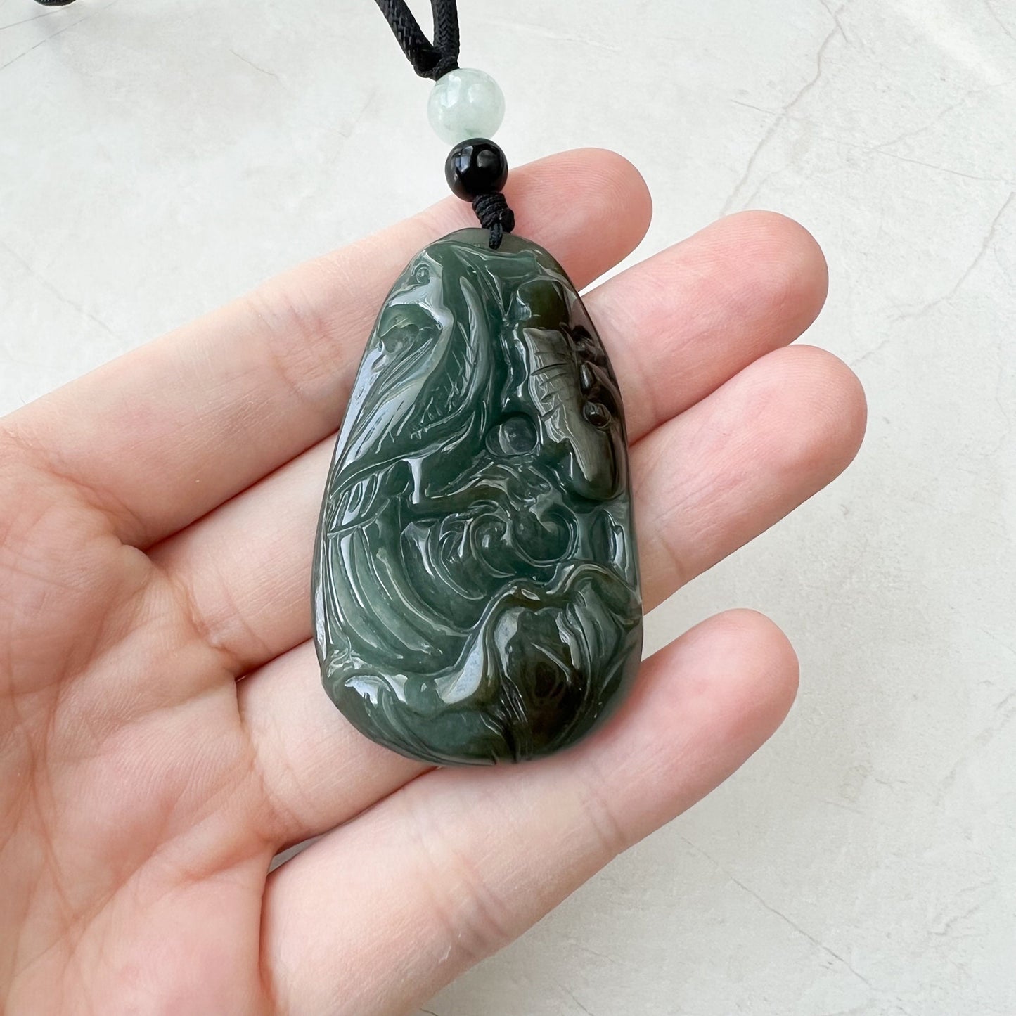 Jadeite Jade Floral Bird, Parrot Green Blue Hand Carved Pendant, YJ-1221-0336527 - AriaDesignCollection