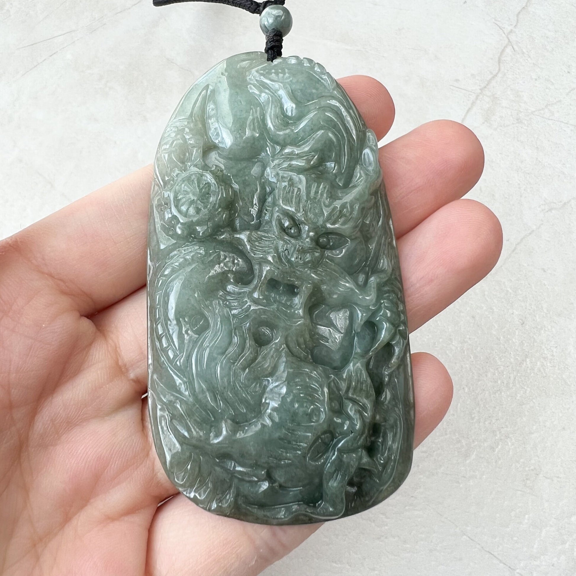 Twin Jade Dragon, Green Jadeite Jade, Chinese Zodiac Hand Carved Pendant Necklace, YJ-1221-0213916 - AriaDesignCollection