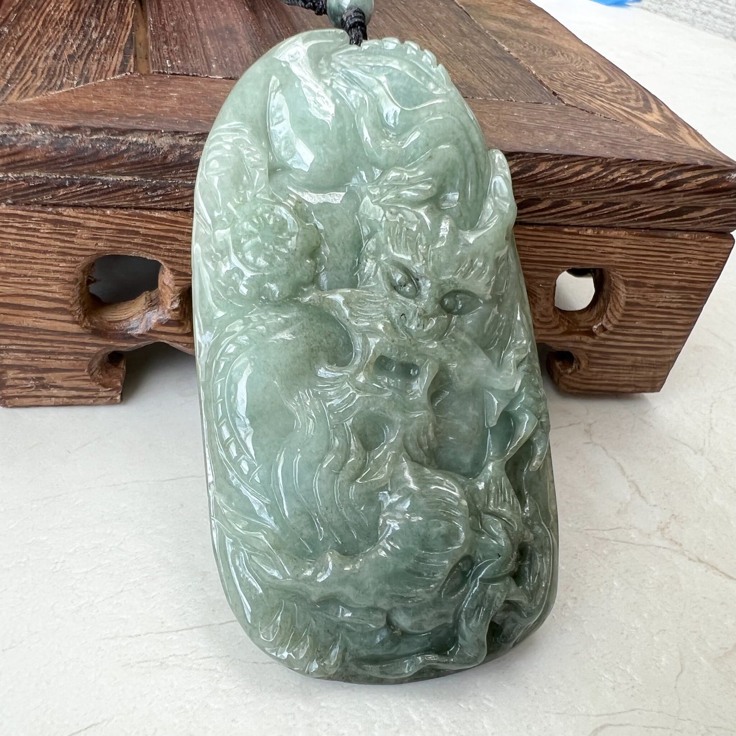 Twin Jade Dragon, Green Jadeite Jade, Chinese Zodiac Hand Carved Pendant Necklace, YJ-1221-0213916 - AriaDesignCollection