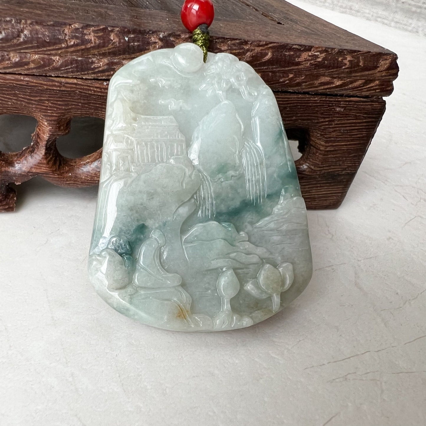 Jadeite Jade Landscape Tree Mountain Forest River Scenery Hand Carved Pendant Necklace, YJ-0921-0137232 - AriaDesignCollection