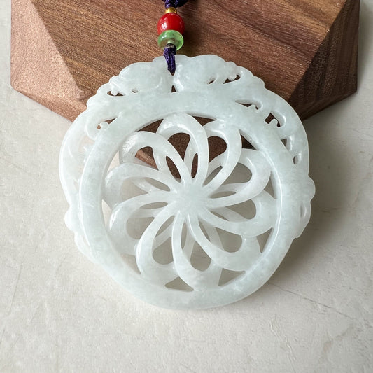 White Jadeite Jade Floral Flower Hand Carved Pendant, Twist Jade Pendant, ZYF-1221-1650465287 - AriaDesignCollection
