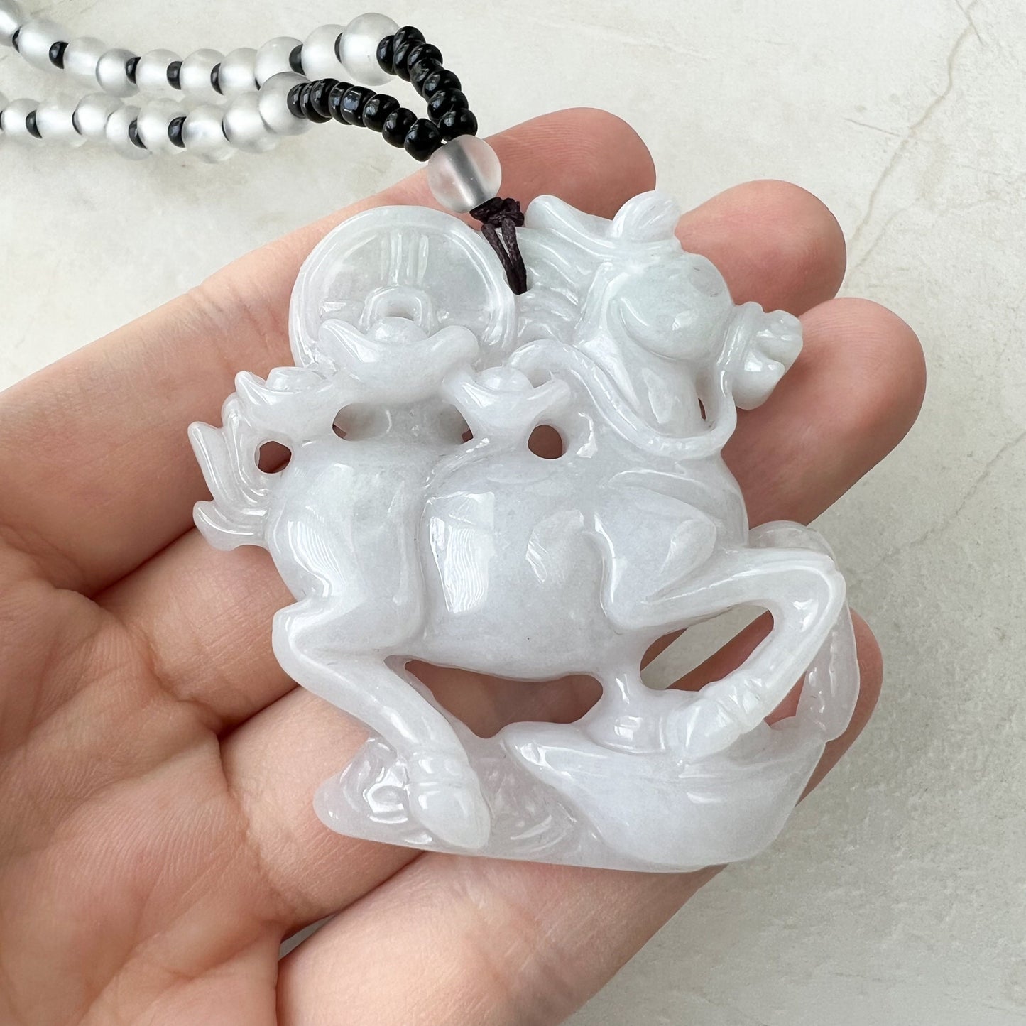 Large White Horse Jade Jadeite, Money Coin, Chinese Zodiac Carved Pendant Necklace, YJ-0322-0315202 - AriaDesignCollection