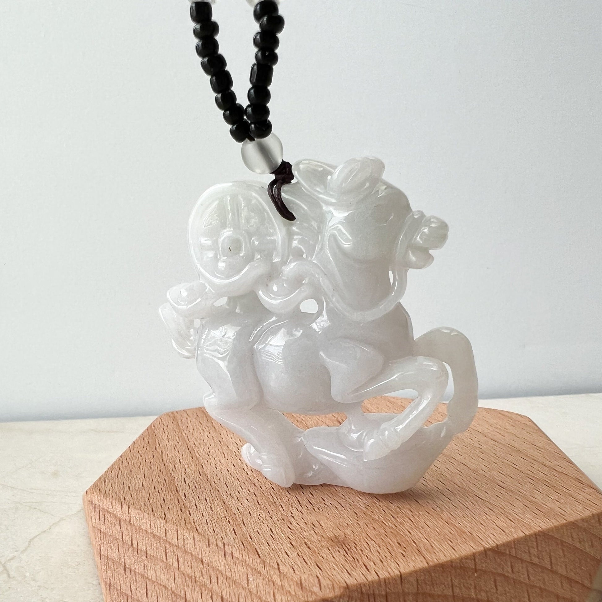 Large White Horse Jade Jadeite, Money Coin, Chinese Zodiac Carved Pendant Necklace, YJ-0322-0315202 - AriaDesignCollection