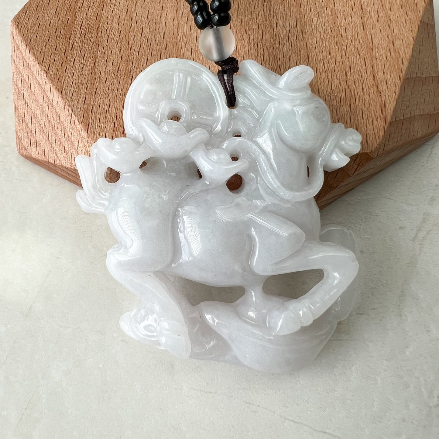 Large White Horse Jade Jadeite, Money Coin, Chinese Zodiac Carved Pendant Necklace, YJ-0322-0315202 - AriaDesignCollection