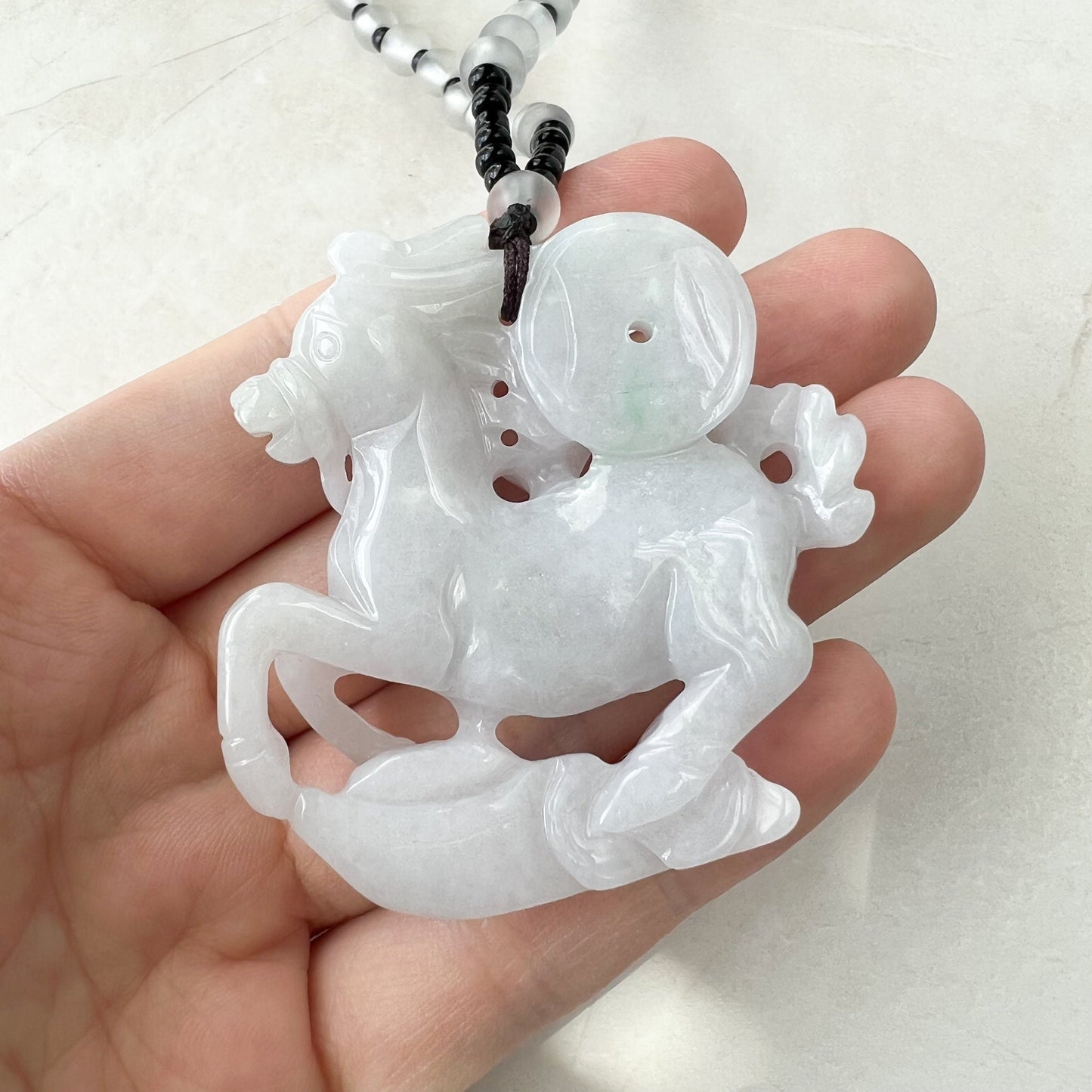 Large White Horse Jade Jadeite, Money Coin, Chinese Zodiac Carved Pendant Necklace, YJ-0322-0315202 - AriaDesignCollection