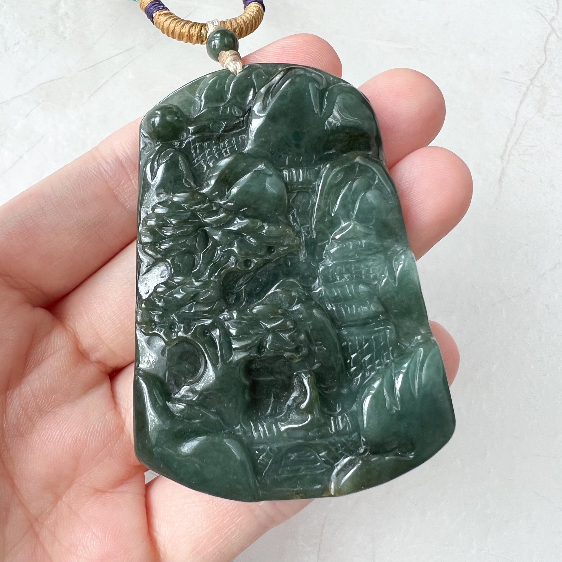 Jadeite Jade Landscape Mountain Forest River Scenery Hand Carved Pendant Necklace, YJ-1221-0170328 - AriaDesignCollection