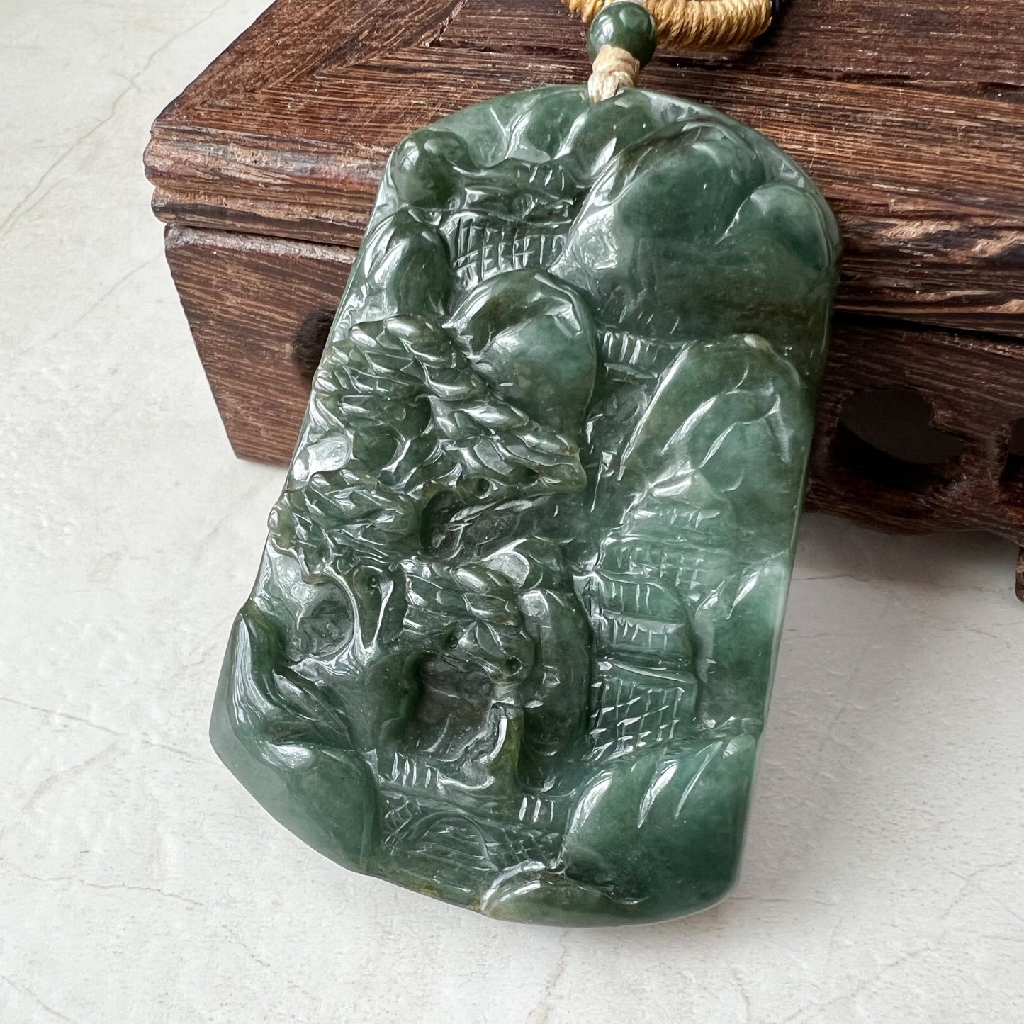 Jadeite Jade Landscape Mountain Forest River Scenery Hand Carved Pendant Necklace, YJ-1221-0170328 - AriaDesignCollection