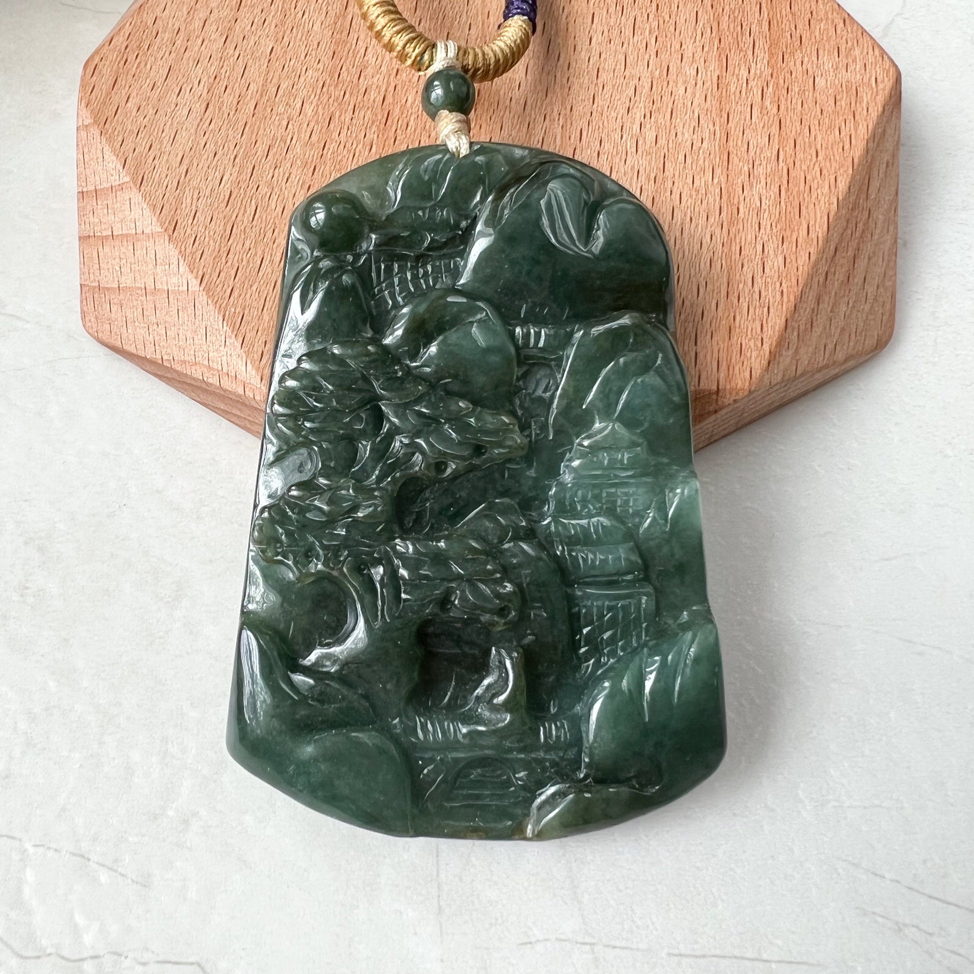 Jadeite Jade Landscape Mountain Forest River Scenery Hand Carved Pendant Necklace, YJ-1221-0170328 - AriaDesignCollection