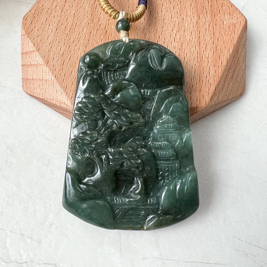 Jadeite Jade Landscape Mountain Forest River Scenery Hand Carved Pendant Necklace, YJ-1221-0170328 - AriaDesignCollection