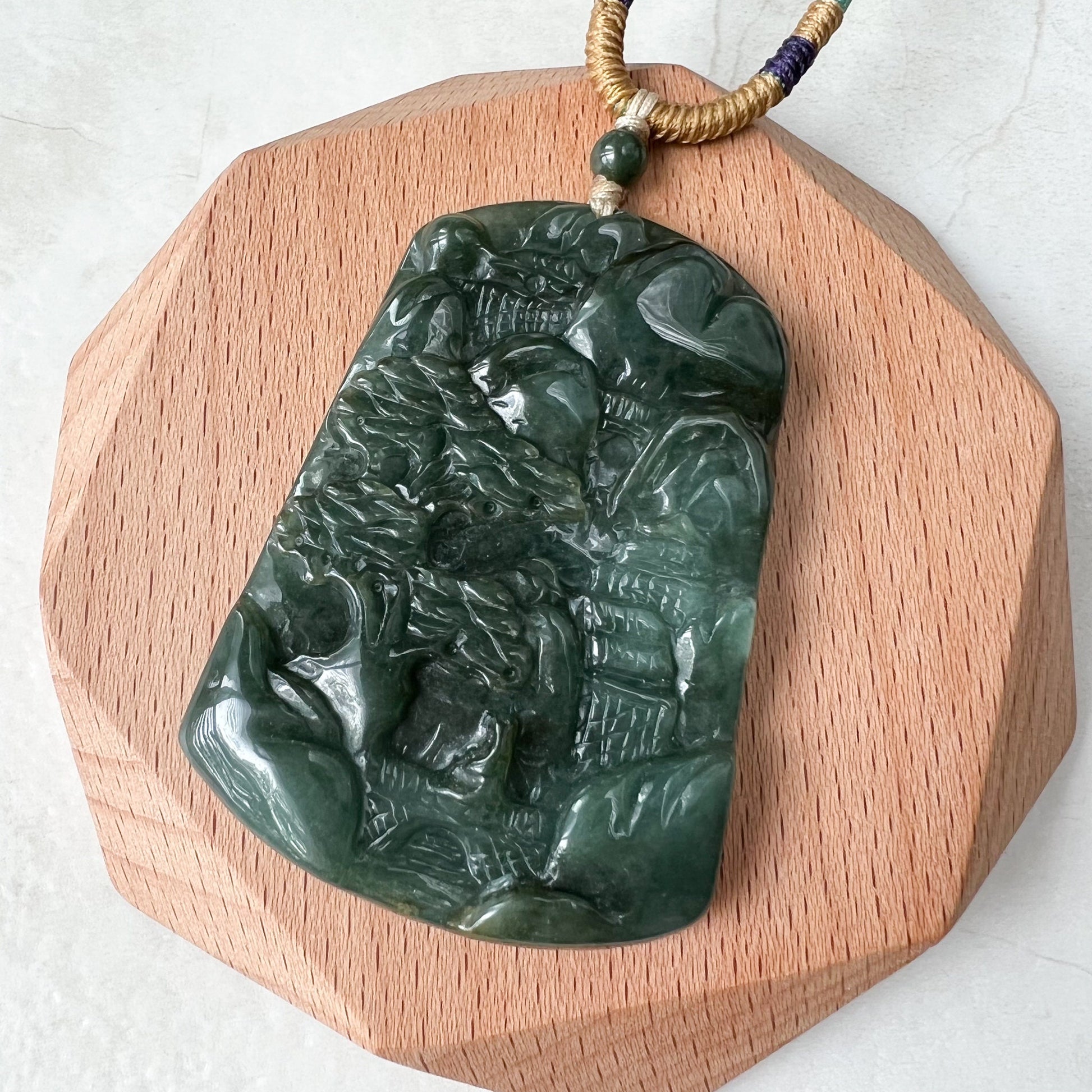 Jadeite Jade Landscape Mountain Forest River Scenery Hand Carved Pendant Necklace, YJ-1221-0170328 - AriaDesignCollection