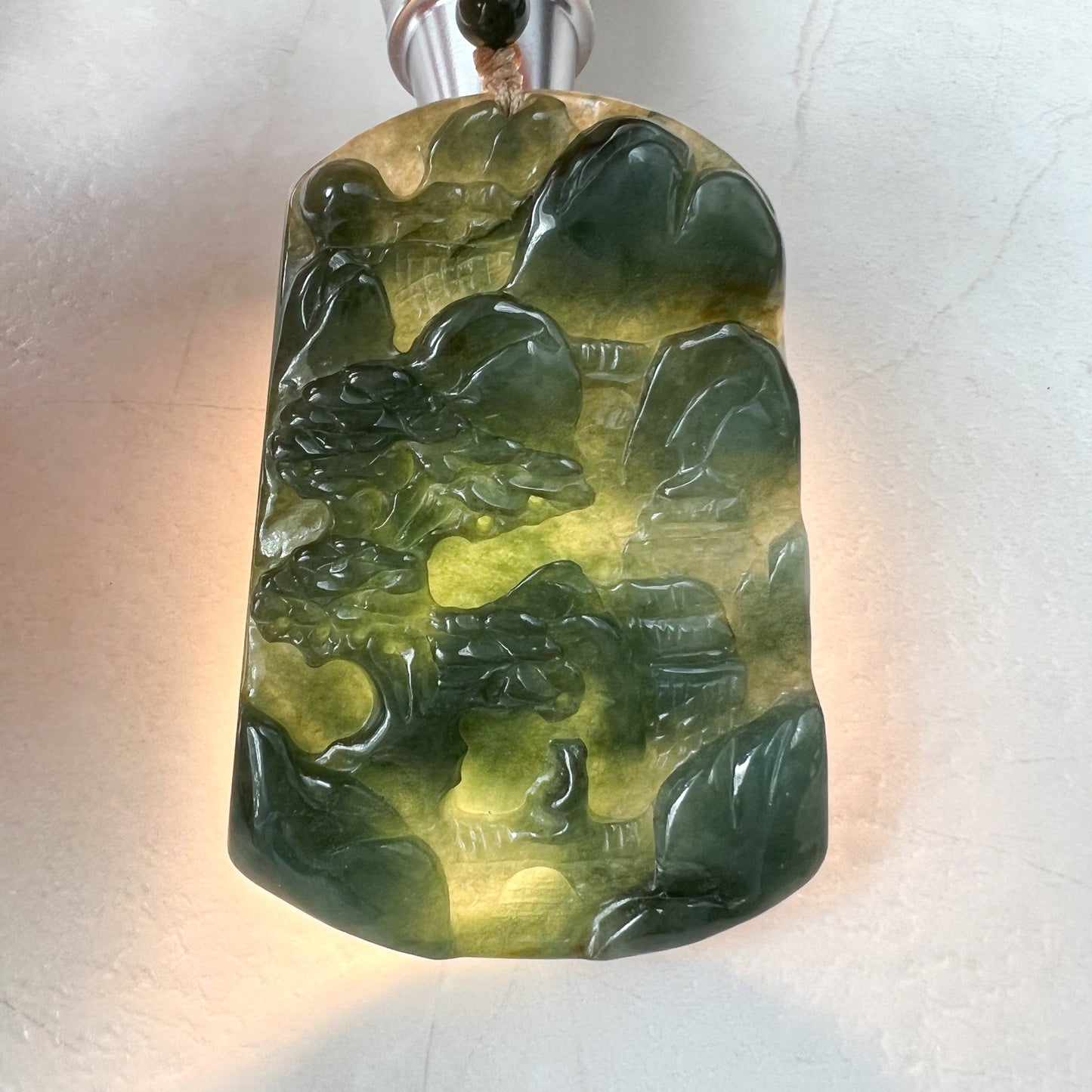 Jadeite Jade Landscape Mountain Forest River Scenery Hand Carved Pendant Necklace, YJ-1221-0170328 - AriaDesignCollection