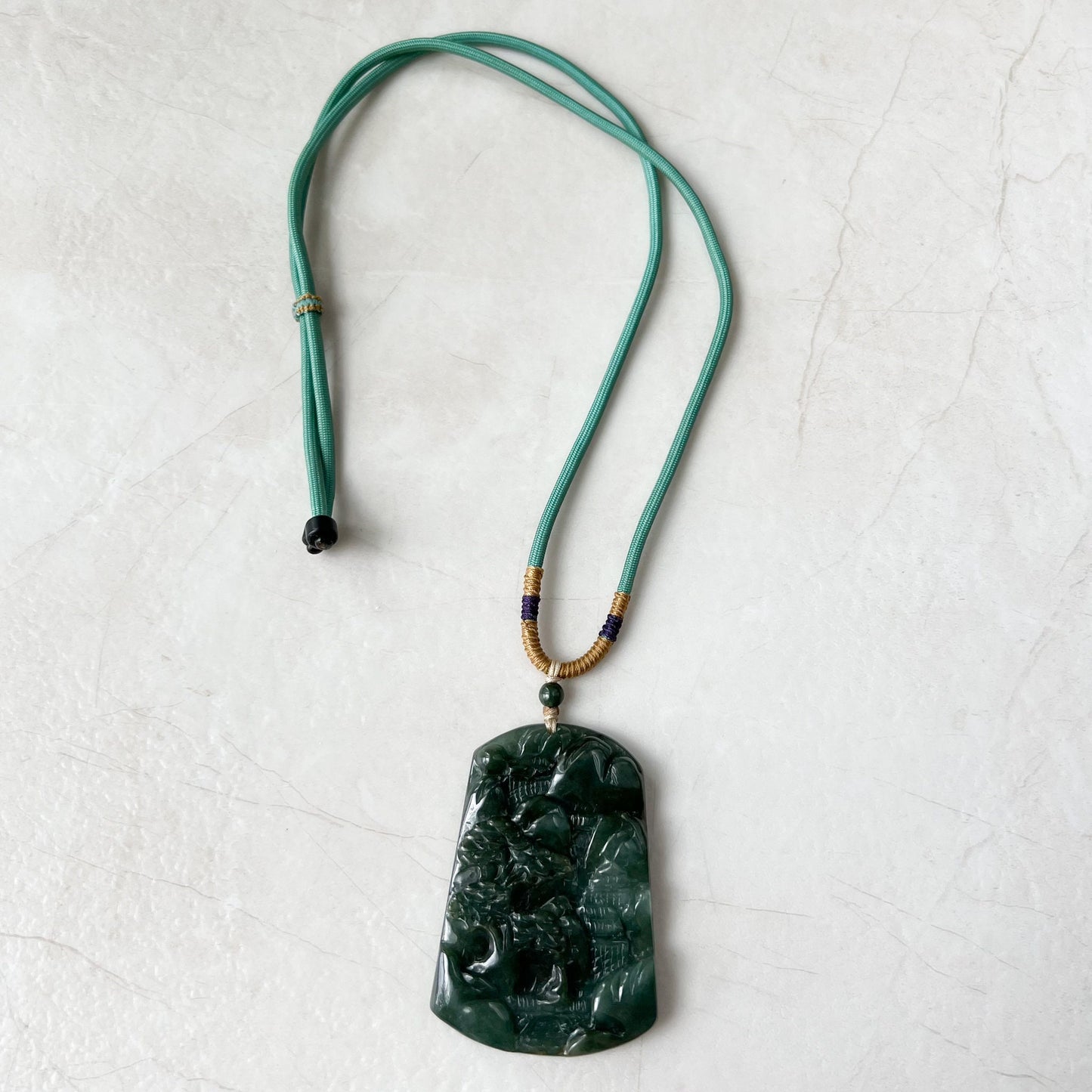 Jadeite Jade Landscape Mountain Forest River Scenery Hand Carved Pendant Necklace, YJ-1221-0170328 - AriaDesignCollection