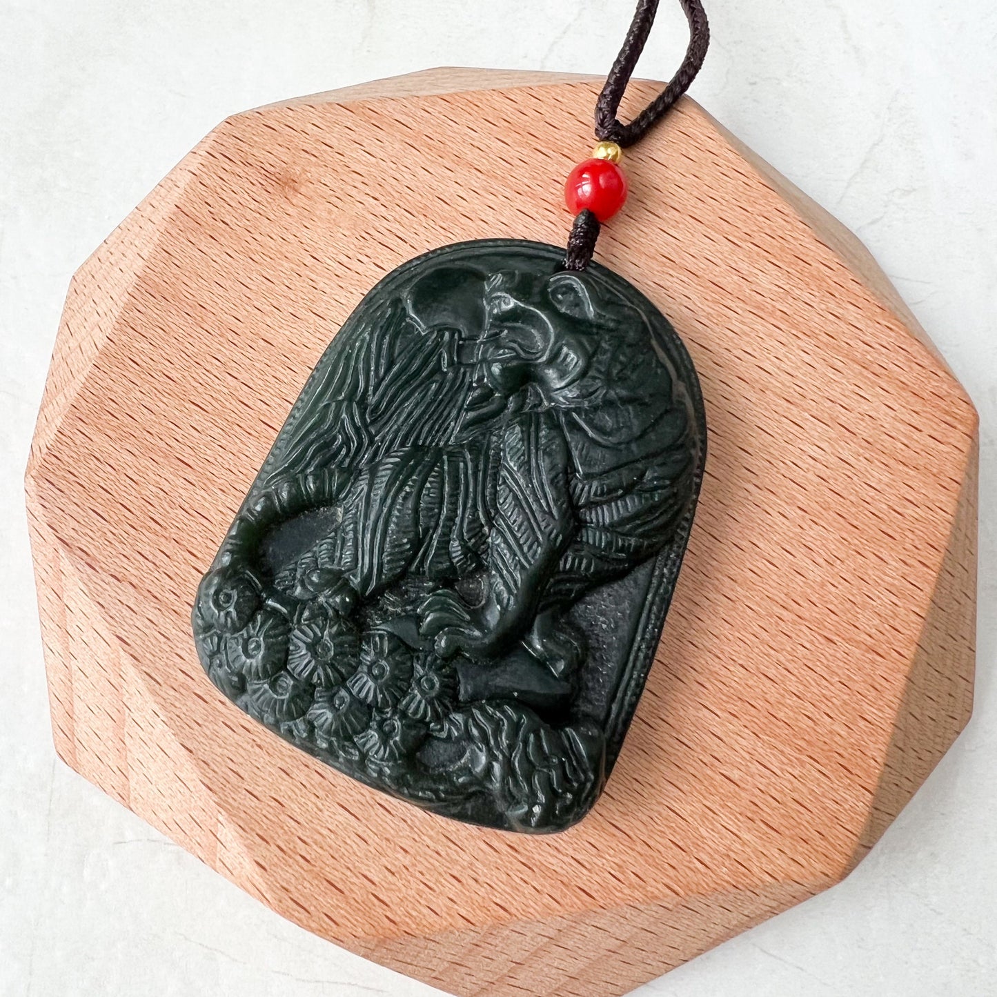 Nephrite Jade Tiger, Black Dark Green Jade, Chinese Zodiac Carved Pendant Necklace, RM-0322-1652571318 - AriaDesignCollection