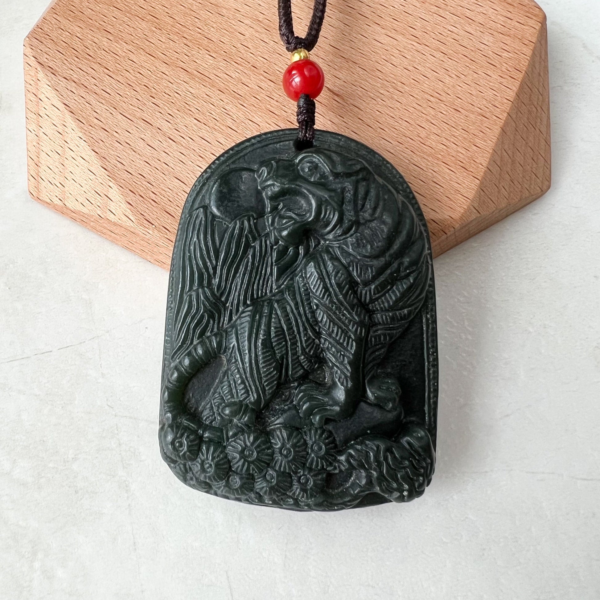 Nephrite Jade Tiger, Black Dark Green Jade, Chinese Zodiac Carved Pendant Necklace, RM-0322-1652571318 - AriaDesignCollection