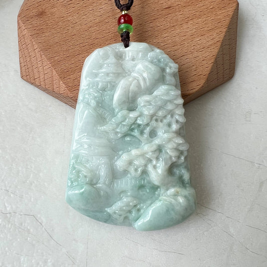 Jadeite Jade Landscape Mountain Forest River Scenery Hand Carved Pendant Necklace, YJ-0322-0124028 - AriaDesignCollection