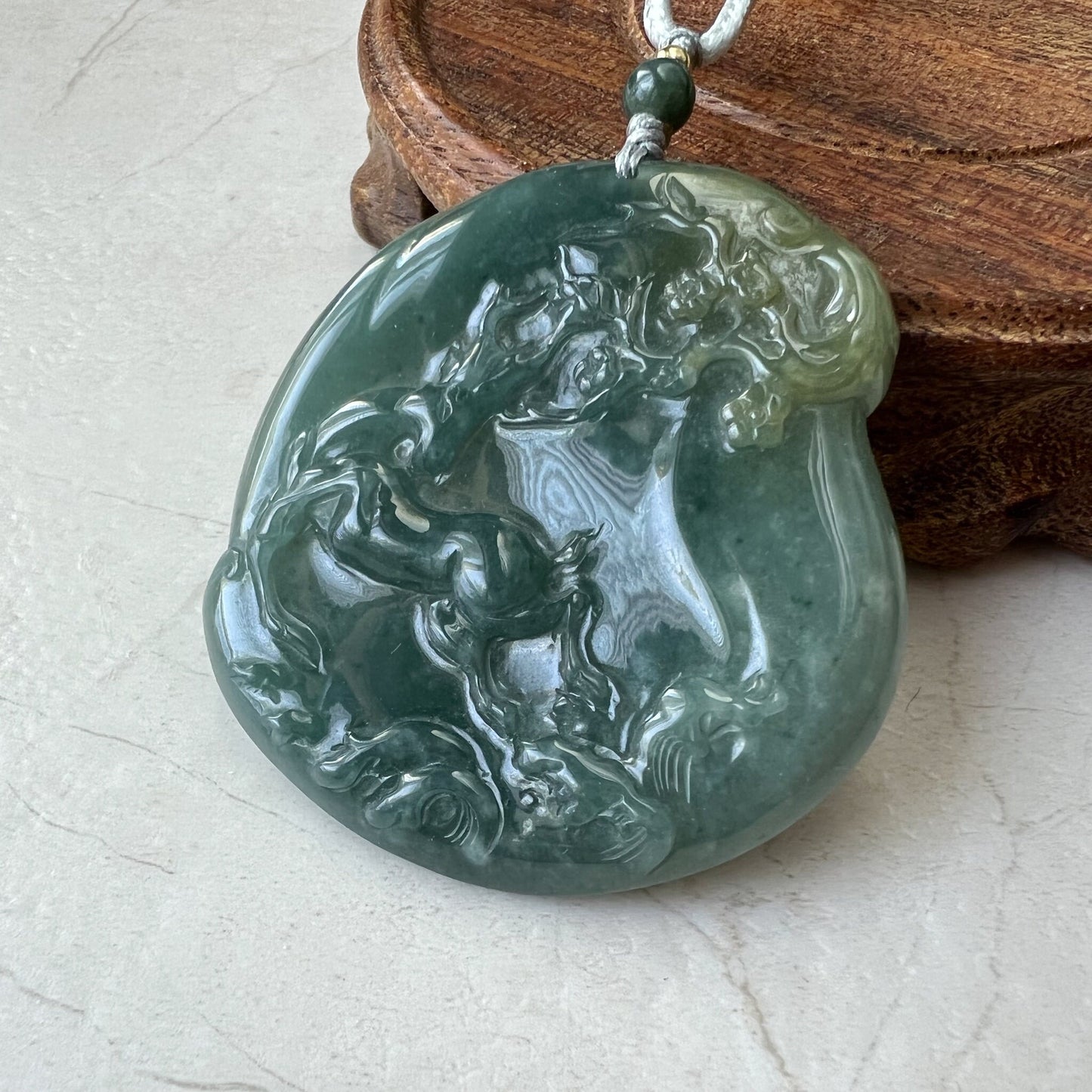 Green Jadeite Jade Deer in Forest Hand Carved Pendant Necklace, ZYF-0322-1652657255 - AriaDesignCollection