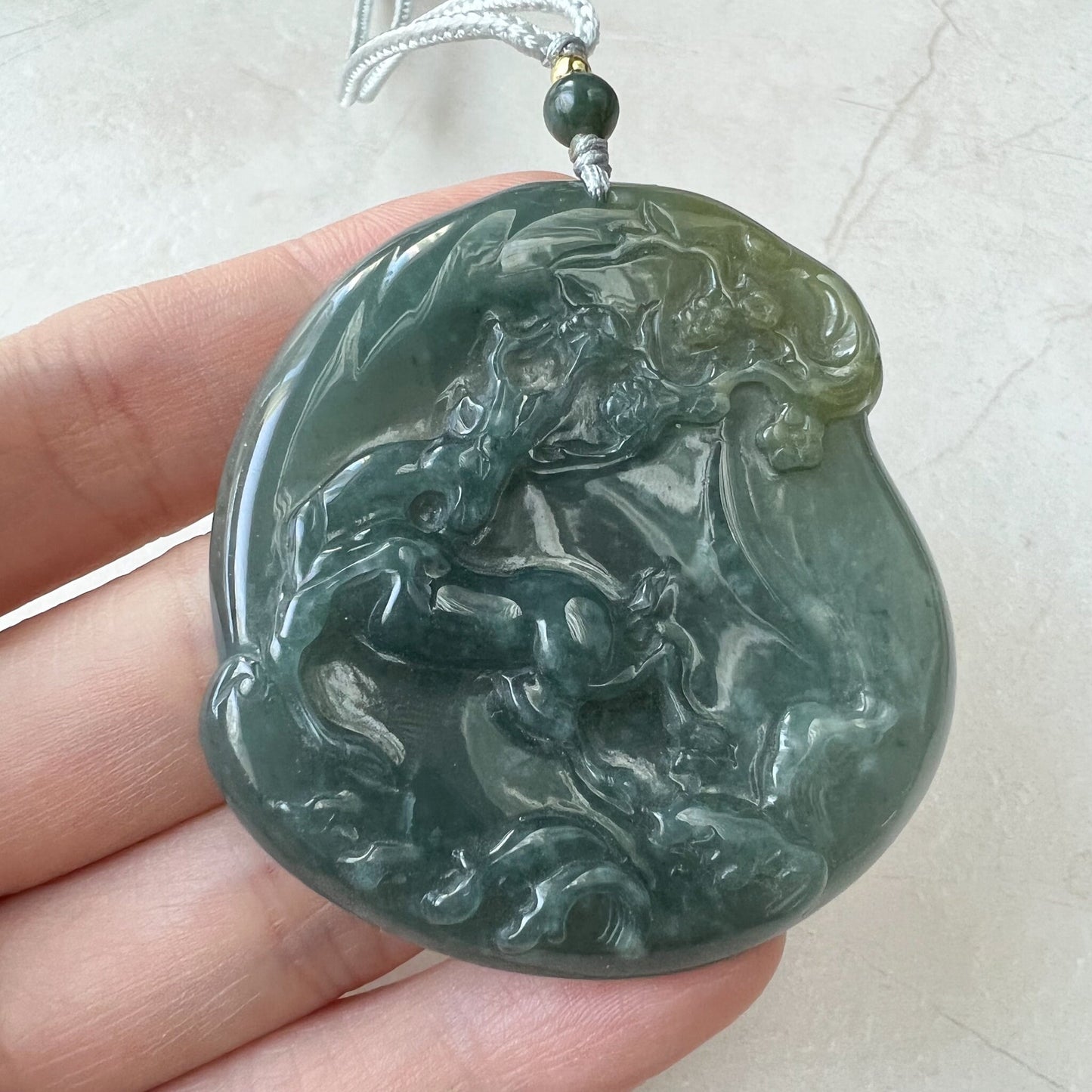 Green Jadeite Jade Deer in Forest Hand Carved Pendant Necklace, ZYF-0322-1652657255 - AriaDesignCollection