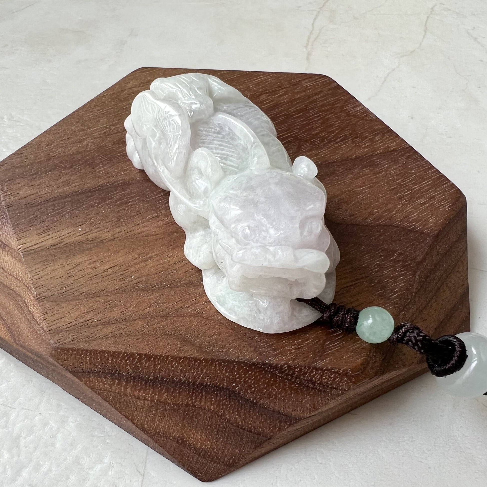 White Jadeite Jade, Dragon Pixiu Pi Xiu, 貔貅, Dragon Chinese Carved Pendant, YJ-0322-0358542 - AriaDesignCollection