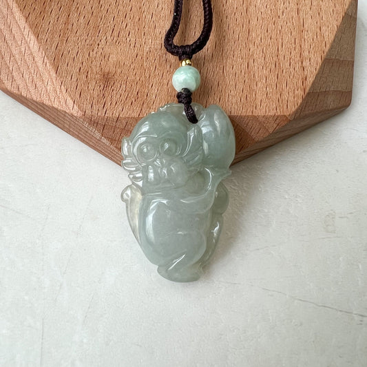 Jadeite Jade Monkey Holding Peach, Chinese Zodiac Carved Pendant Necklace, YBL-1221-1652806253 - AriaDesignCollection
