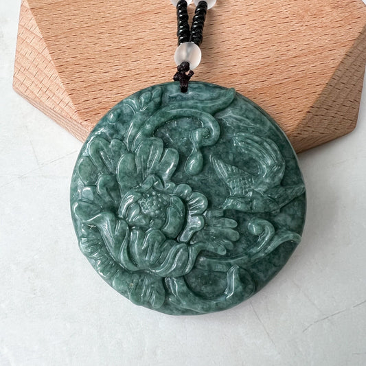 Green Jadeite Jade Floral Bird, Magpie, Hand Carved Pendant, YJ-0322-0319721 - AriaDesignCollection