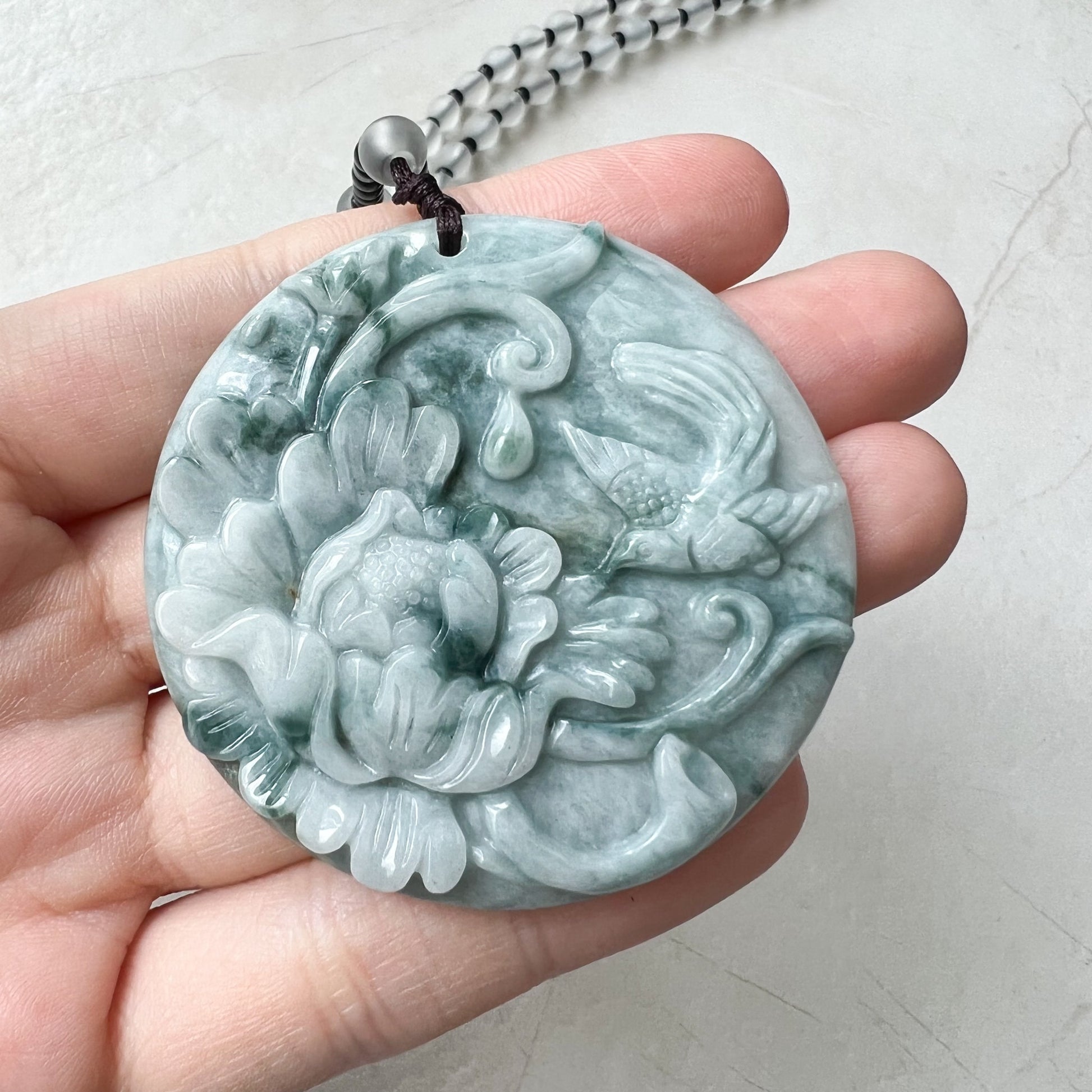 Gray Green Jadeite Jade Floral Bird, Magpie, Hand Carved Pendant, YJ-0322-0319710 - AriaDesignCollection