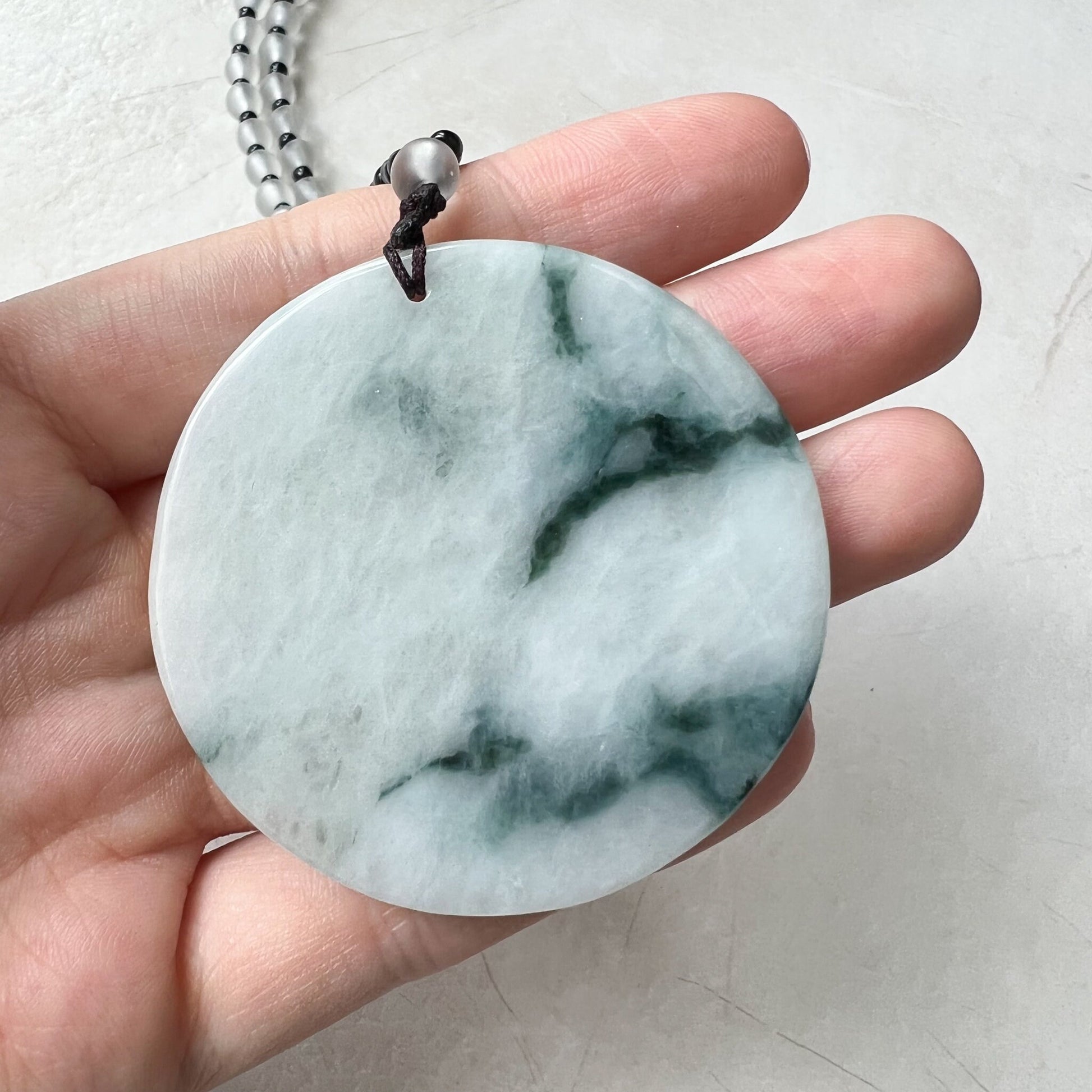 Gray Green Jadeite Jade Floral Bird, Magpie, Hand Carved Pendant, YJ-0322-0319710 - AriaDesignCollection