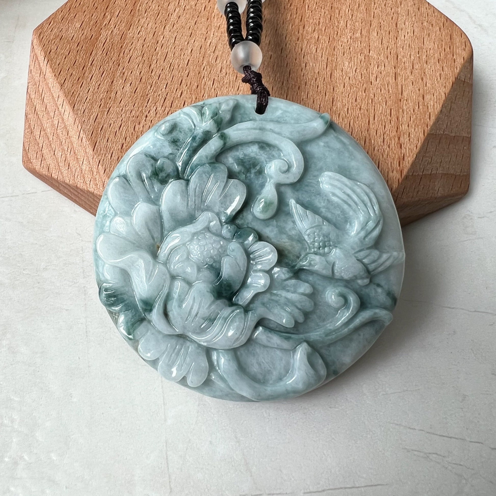 Gray Green Jadeite Jade Floral Bird, Magpie, Hand Carved Pendant, YJ-0322-0319710 - AriaDesignCollection