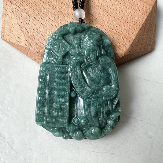 Green Jadeite Jade Fortune God, Caishen, God of Wealth, 财神, Hand Carved Pendant Necklace, YJ-1221-0312498 - AriaDesignCollection